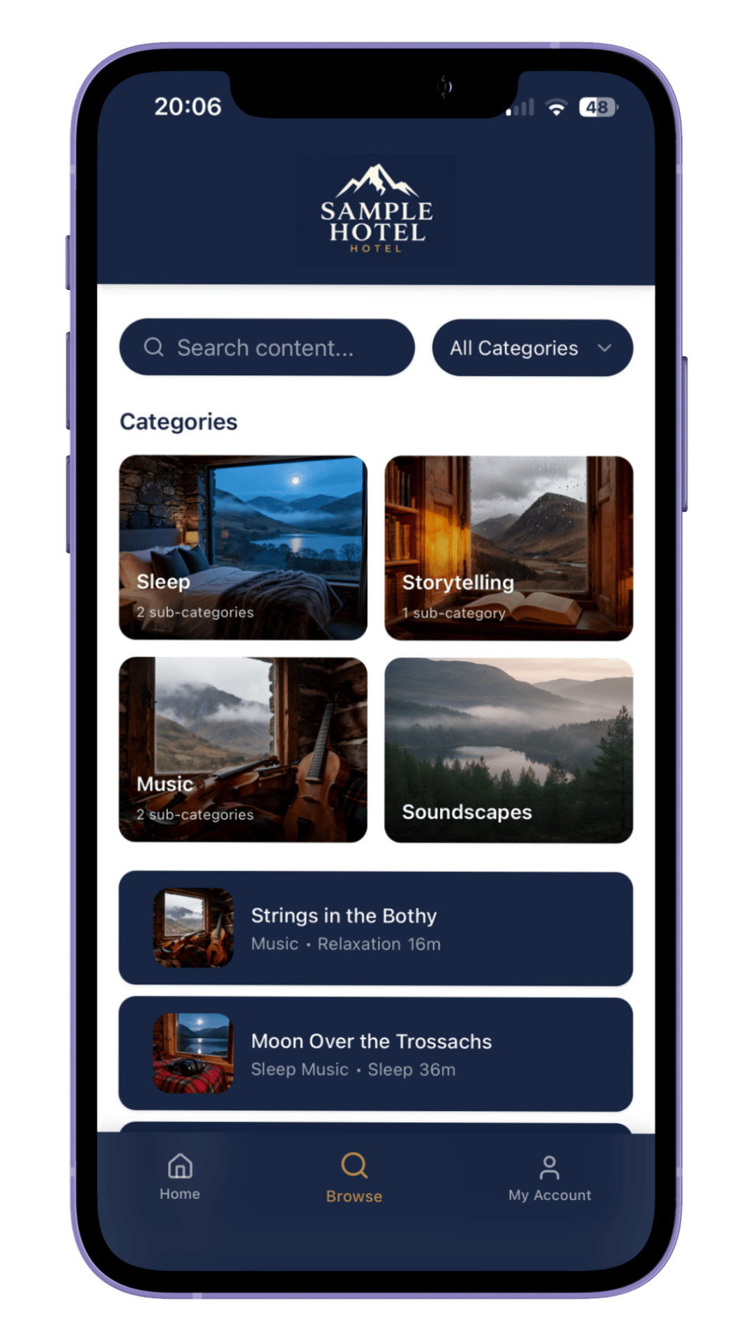 Mobile phone screen displaying a hotel app interface with categories such as Sleep, Storytelling, Music, and Soundscapes, showing scenic images and audio tracks for relaxation.