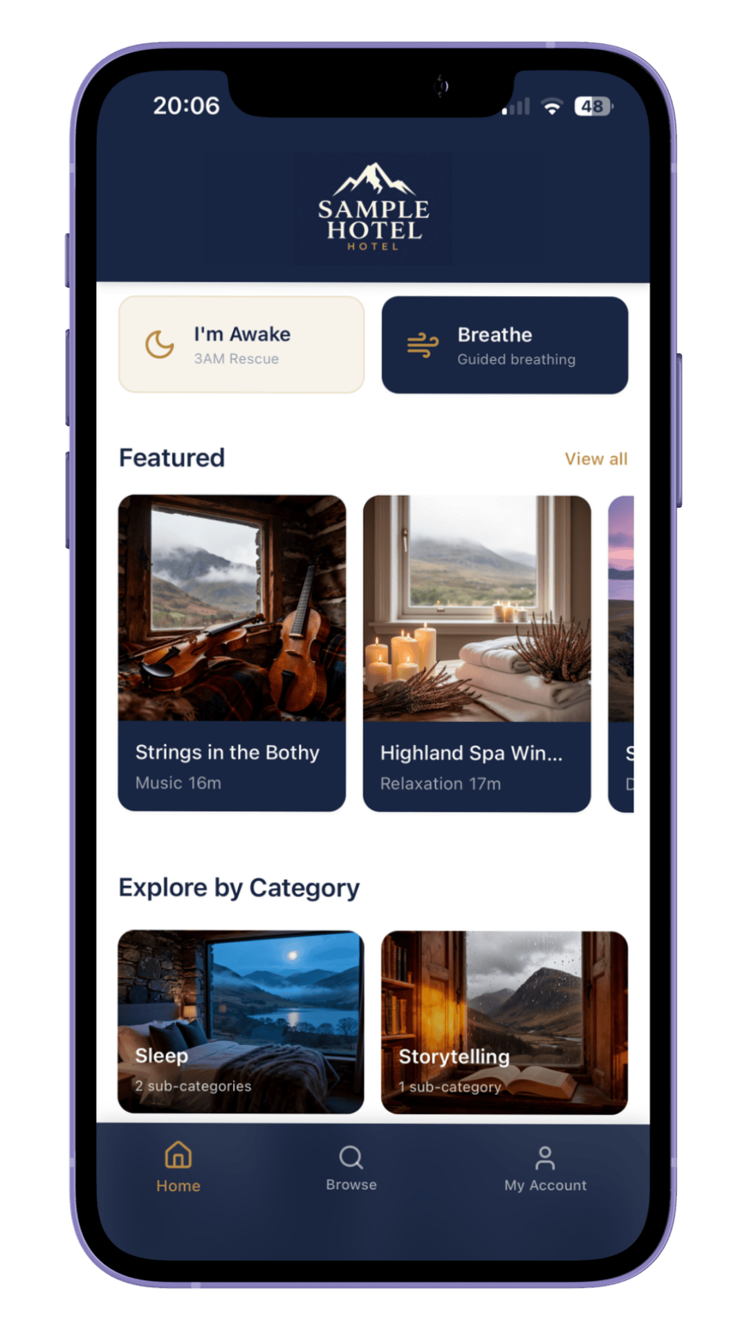 A smartphone screen displaying a hotel app interface with categories for relaxation and categories for exploring, featuring images of a bedroom and a scenic mountain view.
