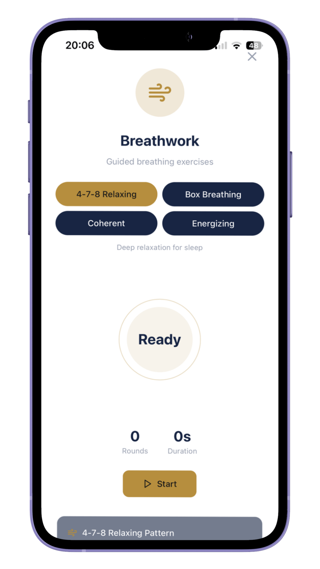Mobile app screen displaying guided breathing exercises called Breathwork, with options like 4-7-8 Relaxing, Box Breathing, Coherent, and Energizing. Includes a start button and information about rounds and duration.