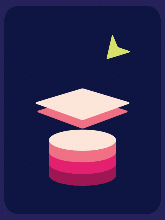 An abstract illustration of a layered data storage or database icon with a dark blue background.