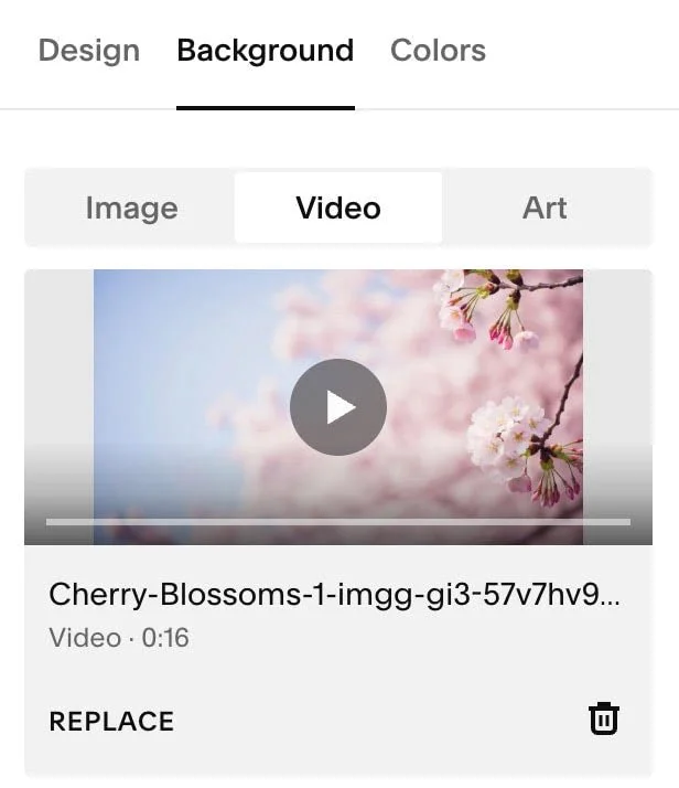 Squarespace background video upload settings showing where to add a section video background | Bergen Design Co. - Squarespace Website Design in Bergen County, NJ