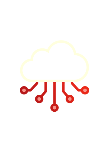 Icon of a cloud with five red lines extending downward, each ending in a red circle, representing cloud computing or cloud networking.