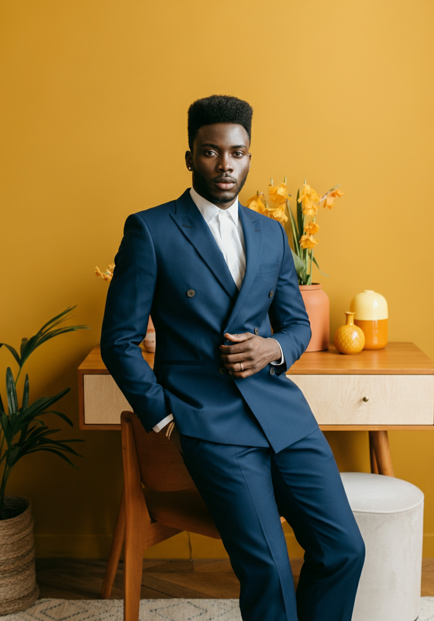 Man in blue suit leaning against a wooden desk with yellow flowers and decorations, set against a mustard yellow background.