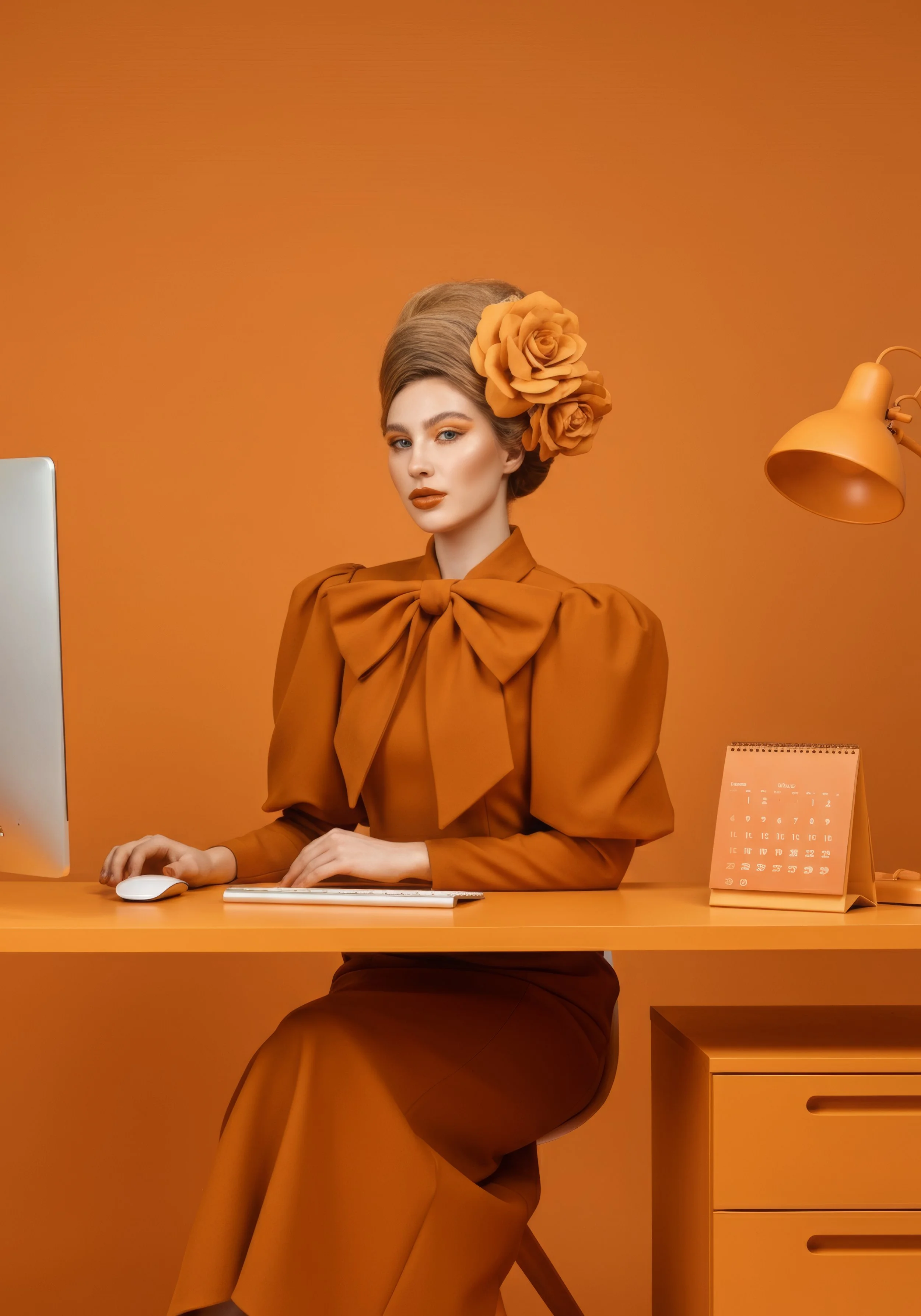 Woman in orange outfit with large bow, sitting at a matching orange desk with a computer, orange lamp, and calendar, against an orange background.