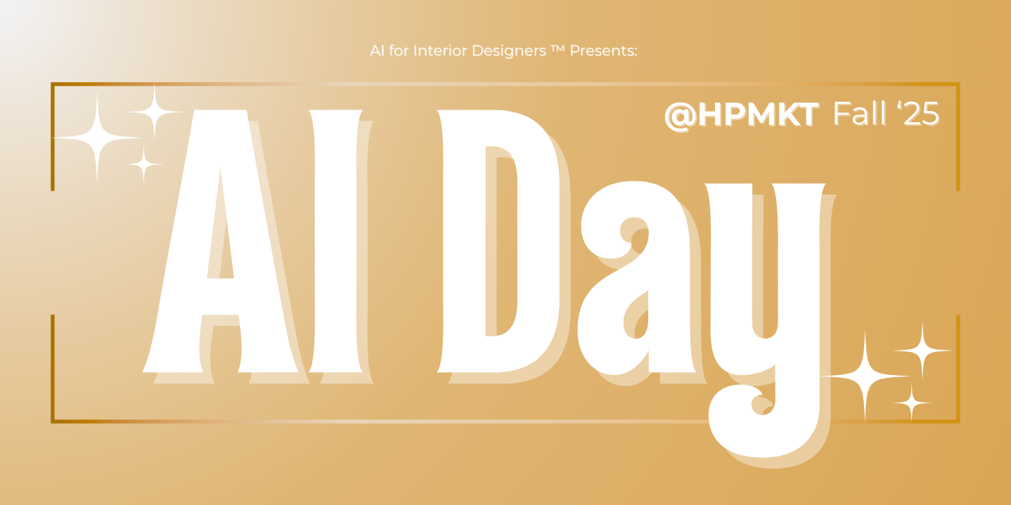 Text overlay on beige background that reads '@HPMKT Fall '25 AI Day' with decorative sparkles and a thin gold border.