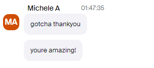 A chat message from "Michele A" saying "gotcha thankyou" and "youre amazing!" with a timestamp of 01:47:35.