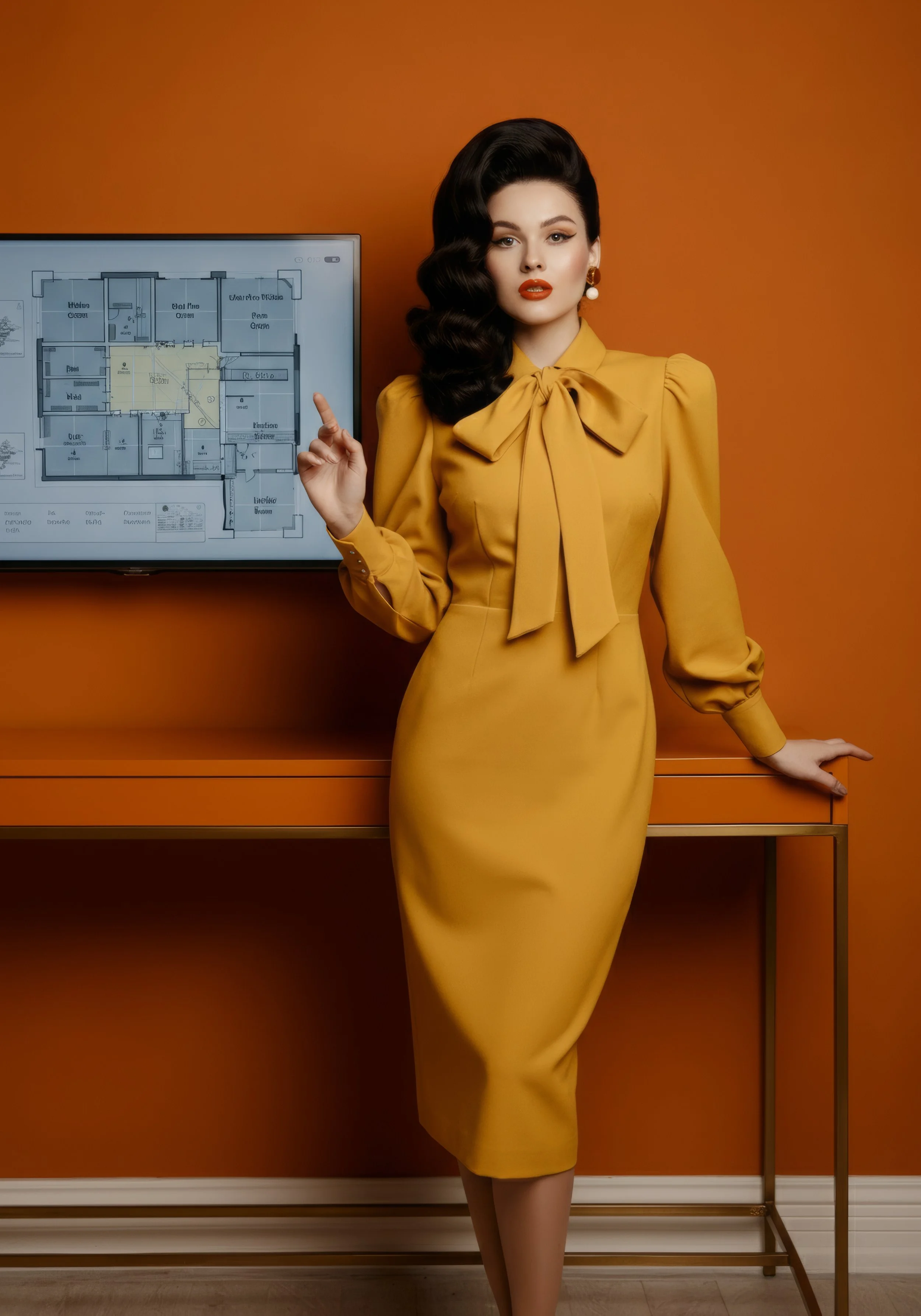 Woman in vintage style mustard dress pointing at a blueprint on a screen against an orange background.