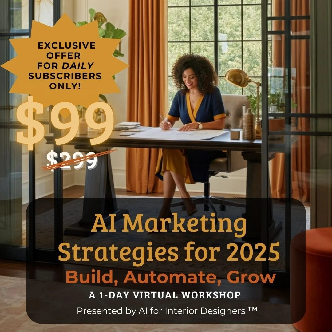 Woman sitting at desk in home office with exclusive AI marketing workshop offer for $99, reduced from $299, for daily subscribers.