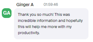 Chat message showing user thanking for information to improve productivity.