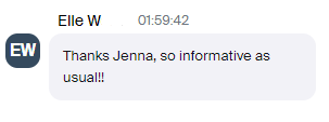 Chat message from Elle W saying 'Thanks Jenna, so informative as usual!!' with a timestamp of 01:59:42.
