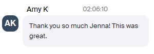 Screenshot of a chat message from Amy K, timestamped 02:06:10, saying "Thank you so much Jenna! This was great."
