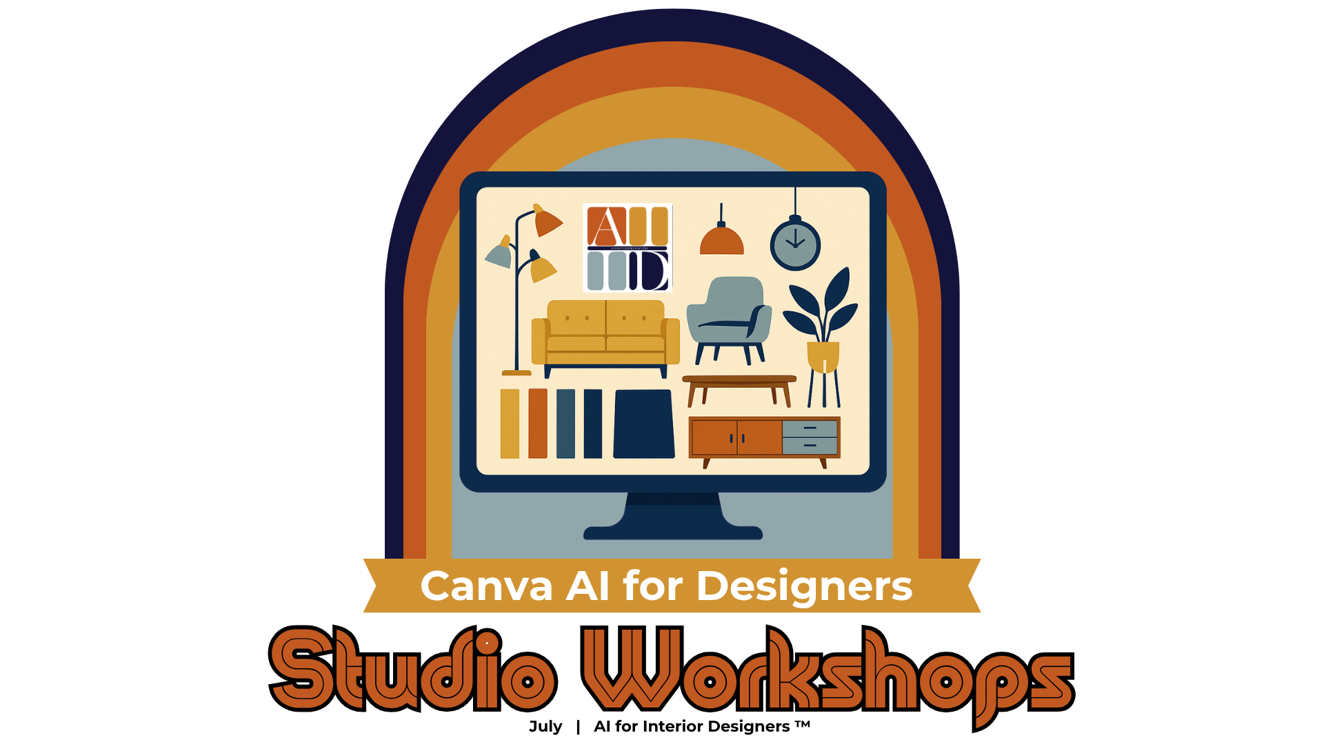 AI for interior designers. The go to source for your AI education for the interior design industry. Graphic for Canva AI for Designers Studio Workshops with illustration of a home interior on a computer screen featuring furniture, decor, and art piec