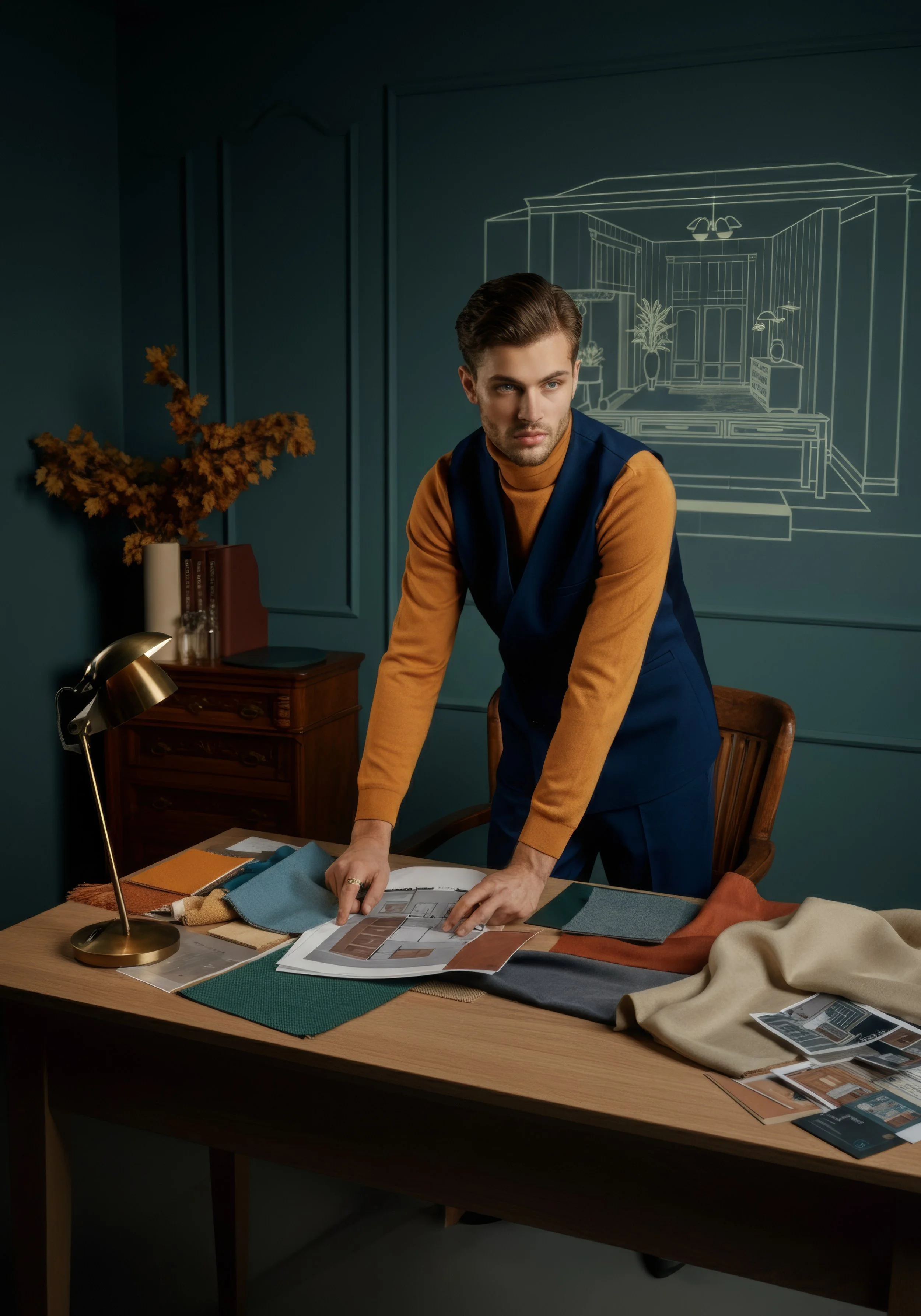 Man in a blue vest and mustard sweater reviewing design materials on a desk with a room sketch on the wall.
