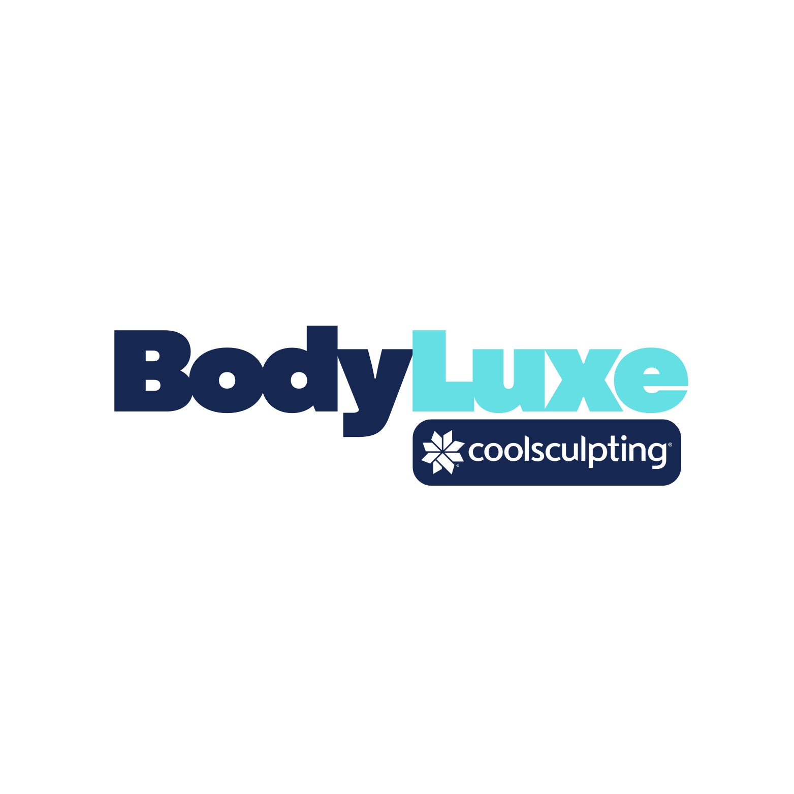 Logo for Body Luxe CoolSculpting with stylized text in shades of blue and a snowflake icon.
