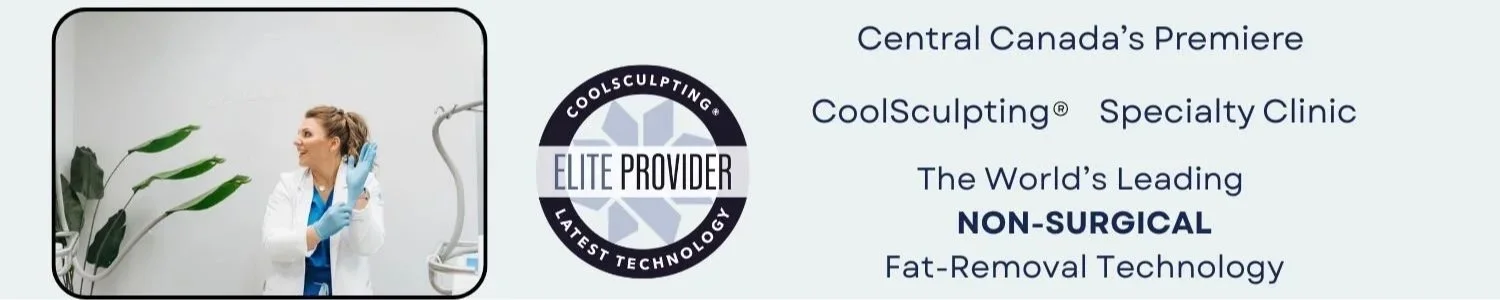 A woman in medical scrubs and gloves smiling and looking to the side, positioned next to medical equipment and a plant, with a promotional banner for CoolSculpting non-surgical fat removal technology.