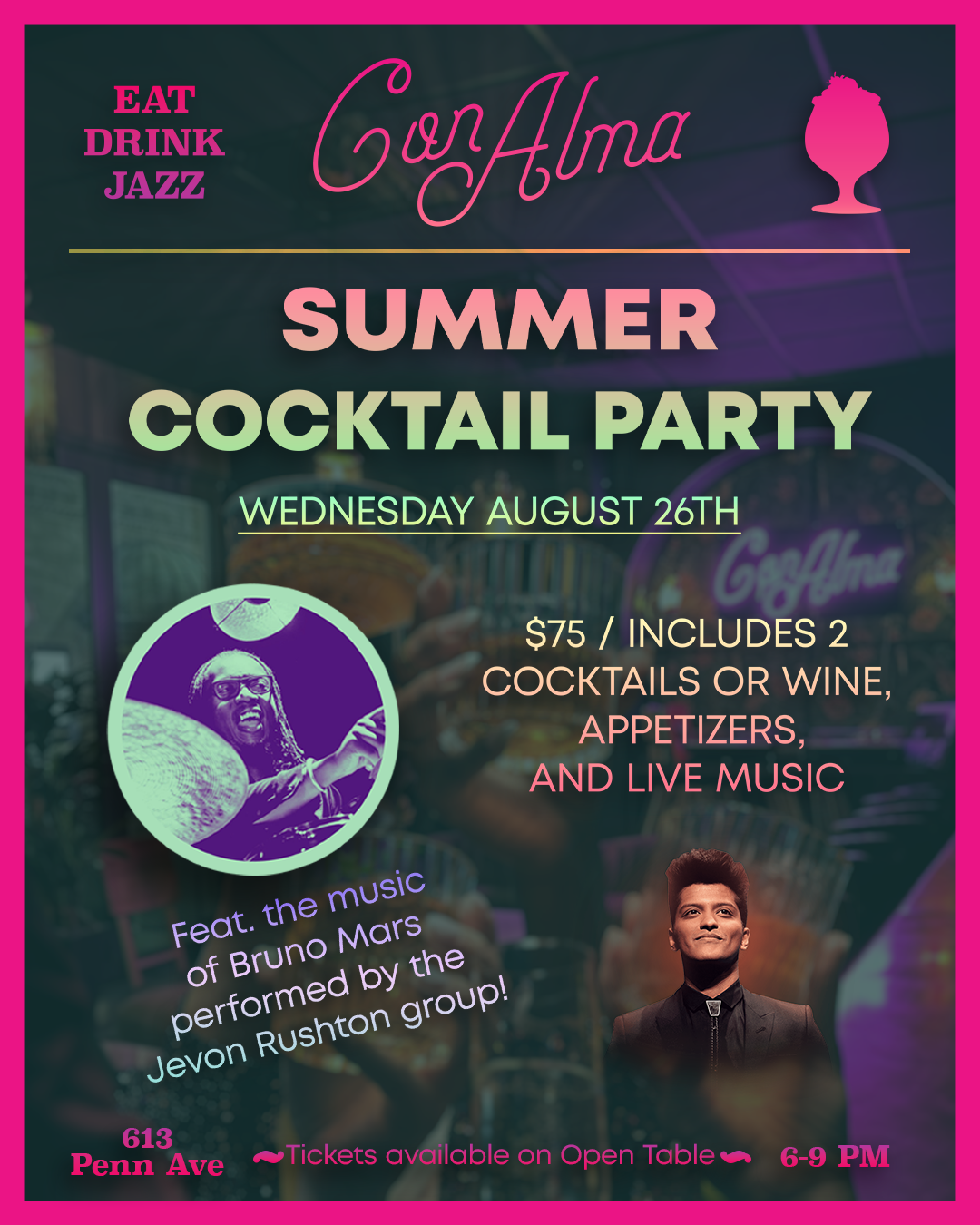 Summer Cocktail Party: Bruno Mars played by jevon Rushton Group