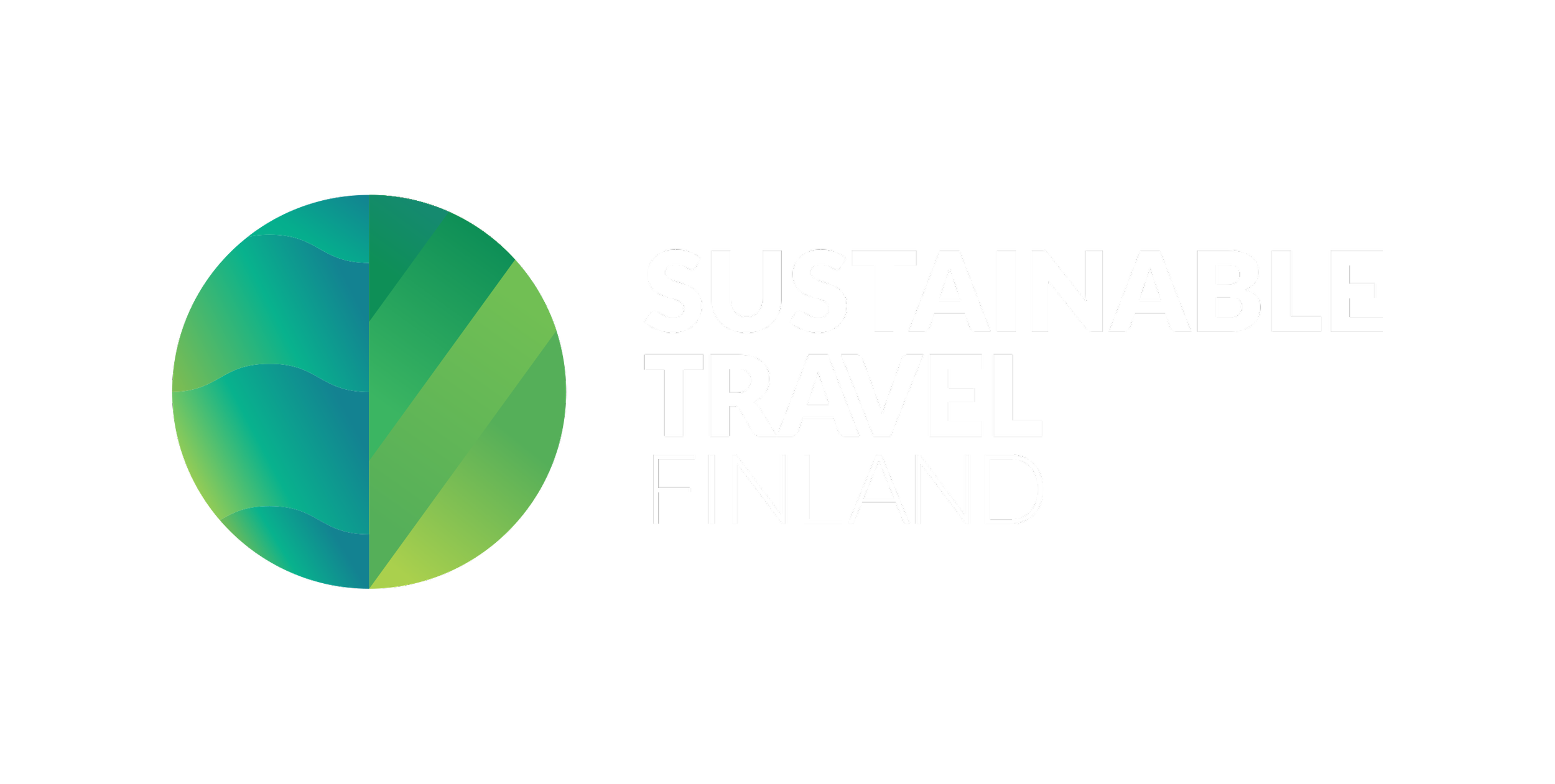 Digital graphic with a multicolored, spherical globe on the left and the text "Sustainable Travel Finland" in bold, white letters on the right.