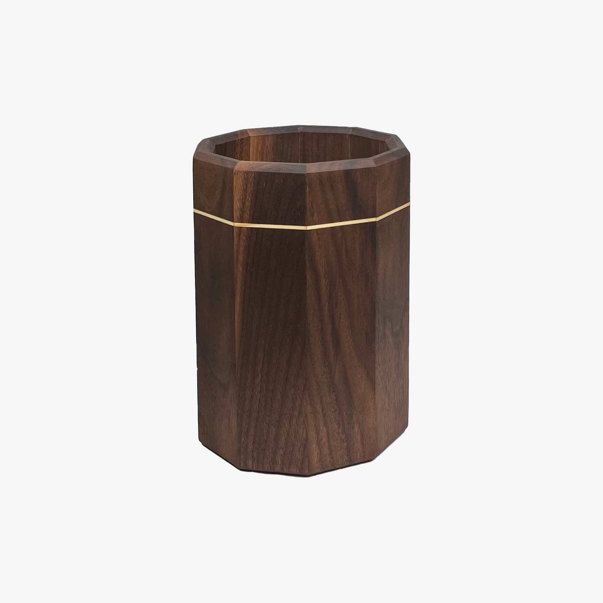 Walnut utensil crock with a thin maple inlay