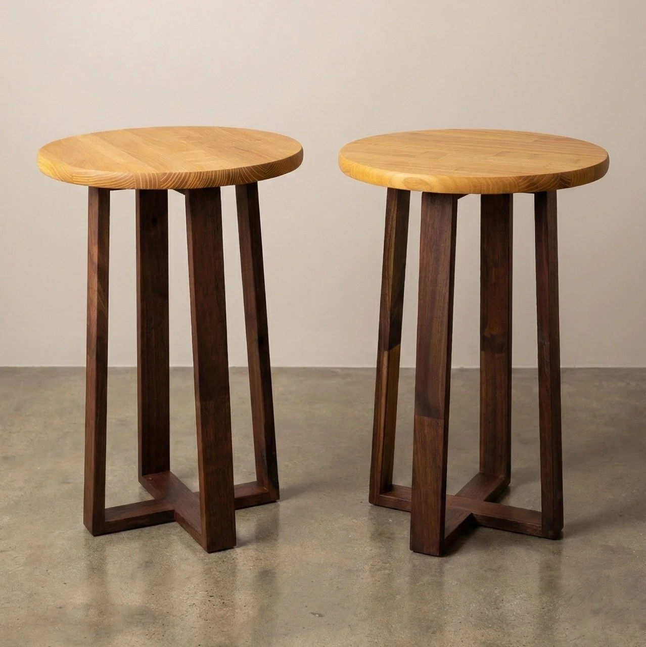 End tables with walnut legs and mulberry wood tops