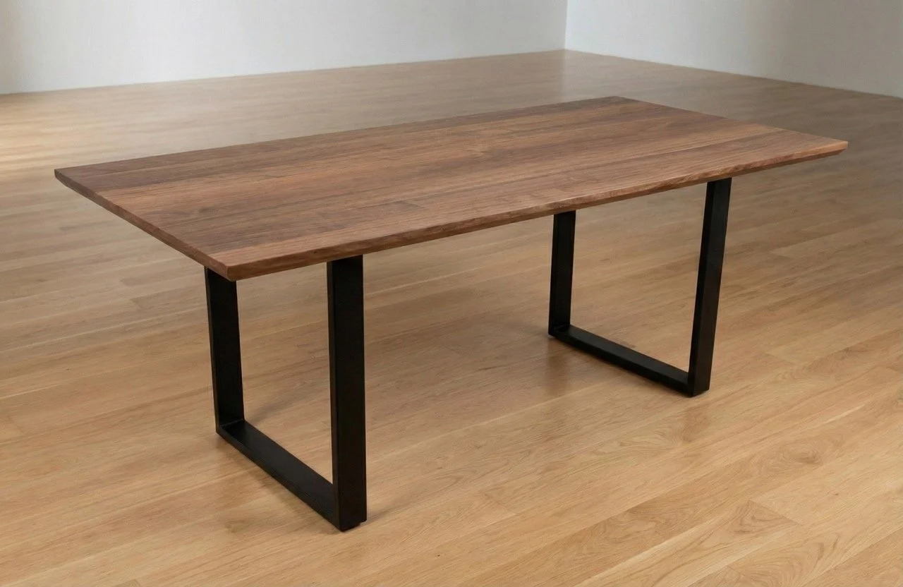 Walnut dining table with black steel legs