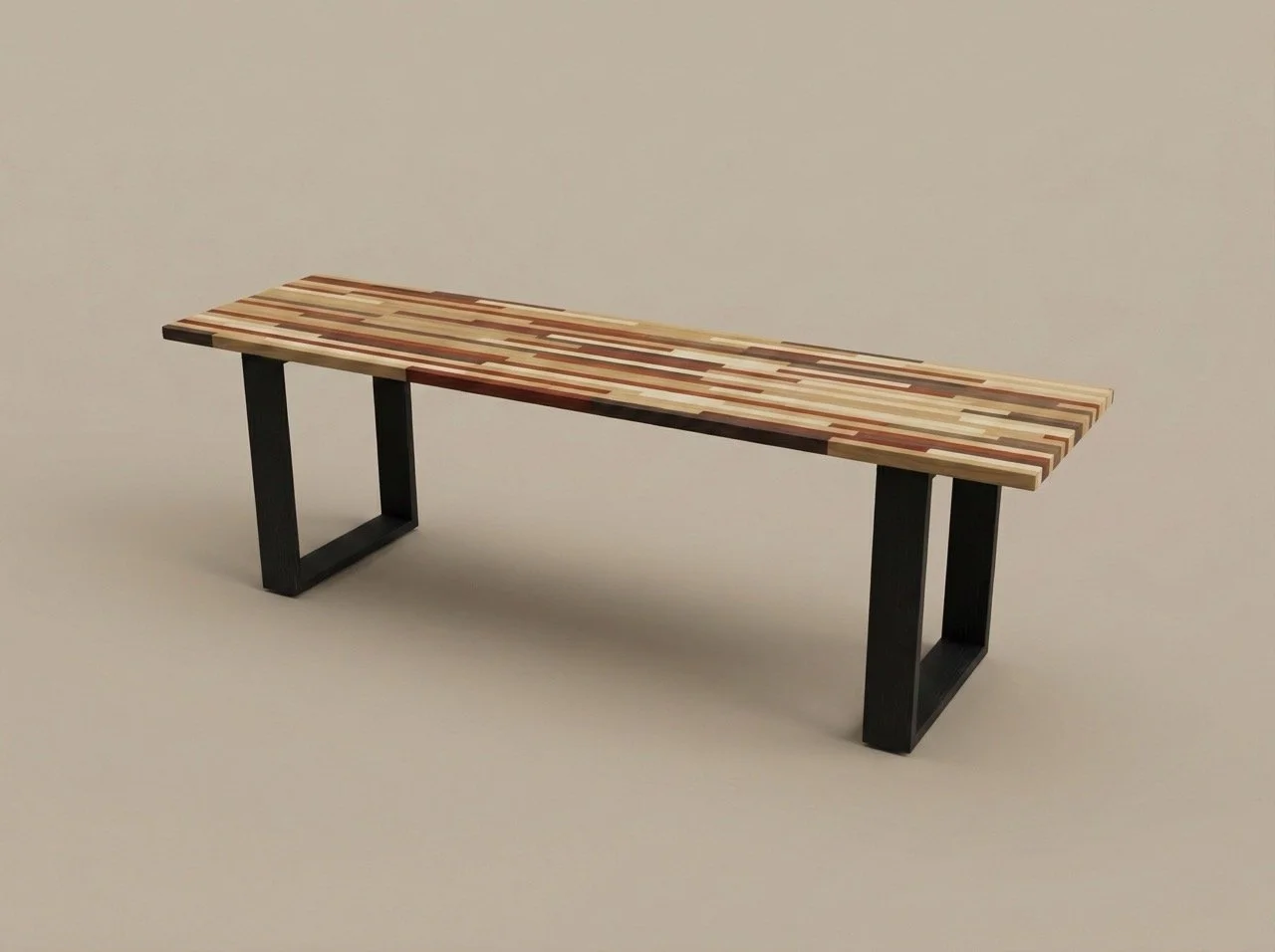 Bench made of various species of wood with black legs