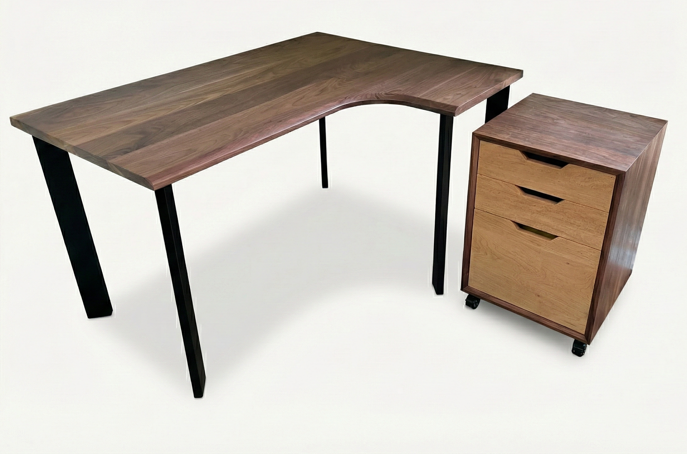 Walnut desk with black steel legs; walnut filing cabinet with maple drawers