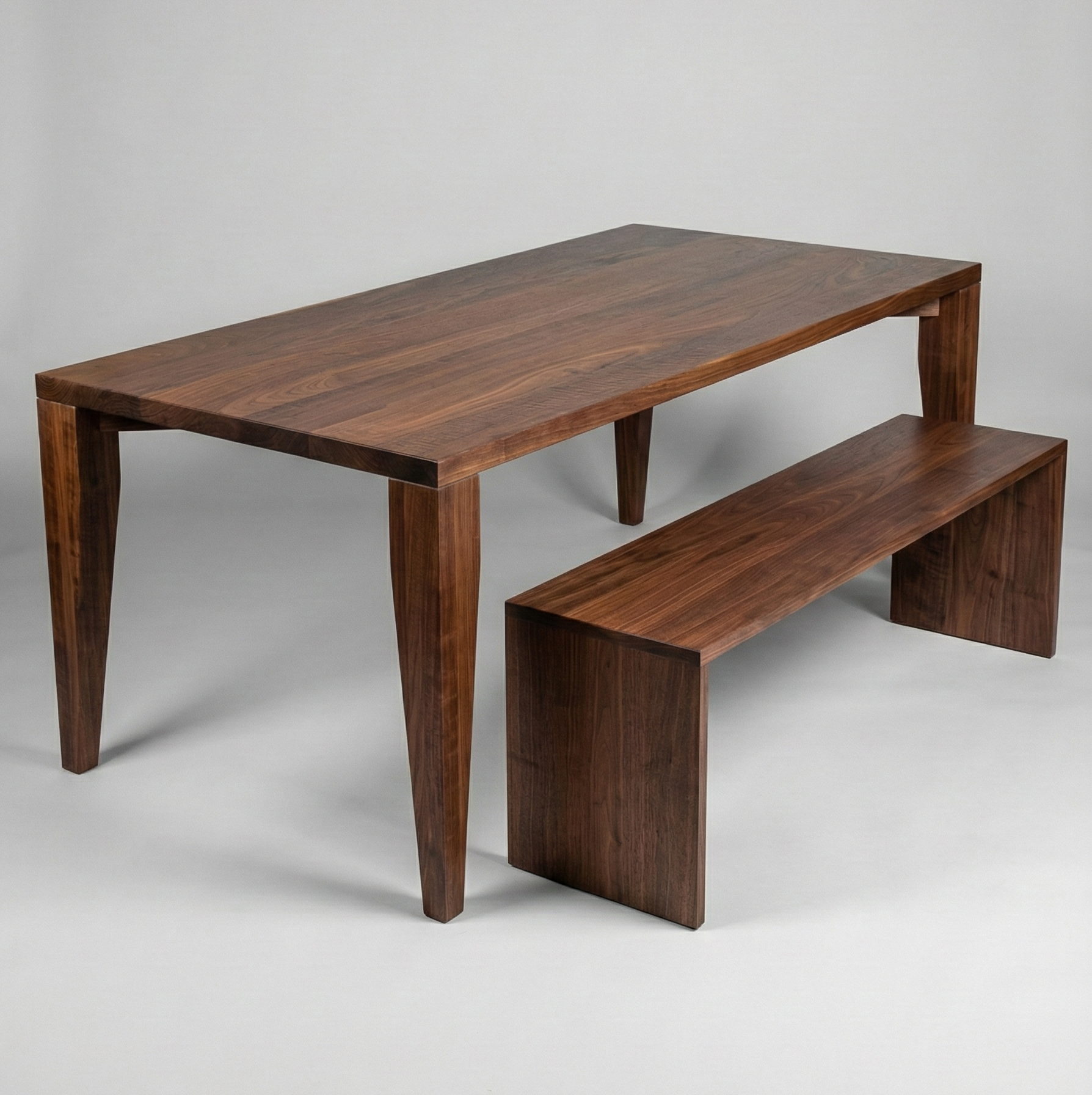 Walnut dining table with matching bench