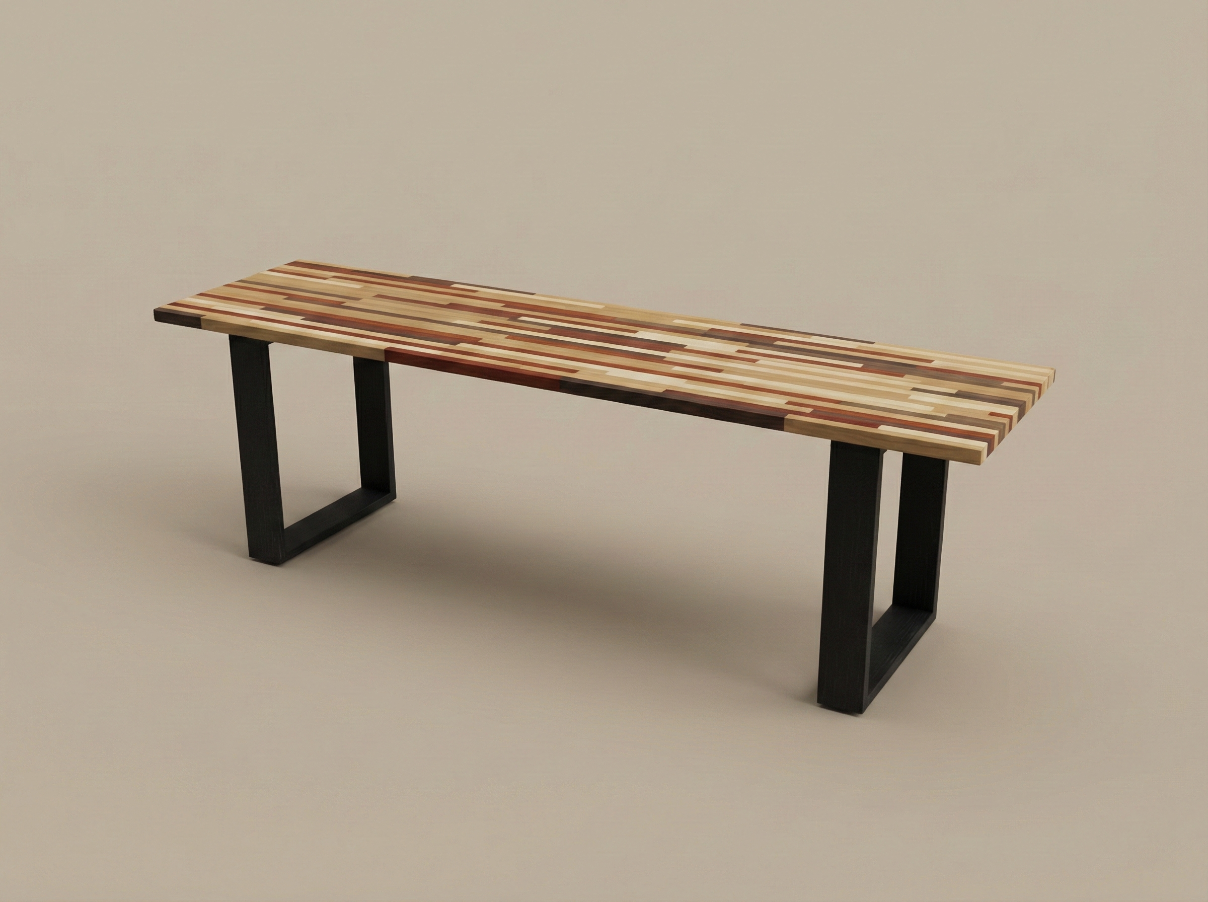Bench made of various species of wood with black legs