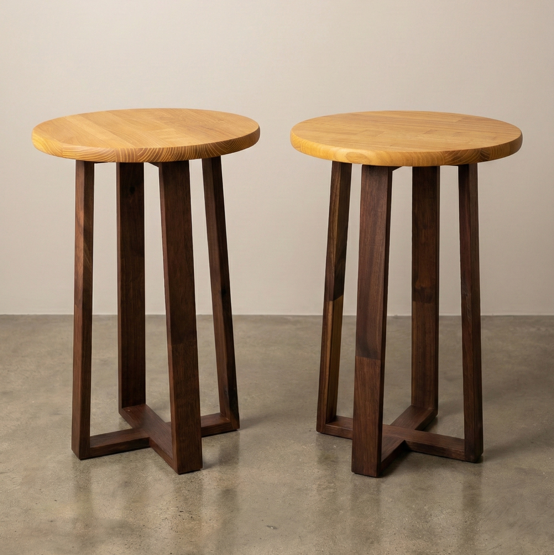 End tables with walnut legs and mulberry wood tops
