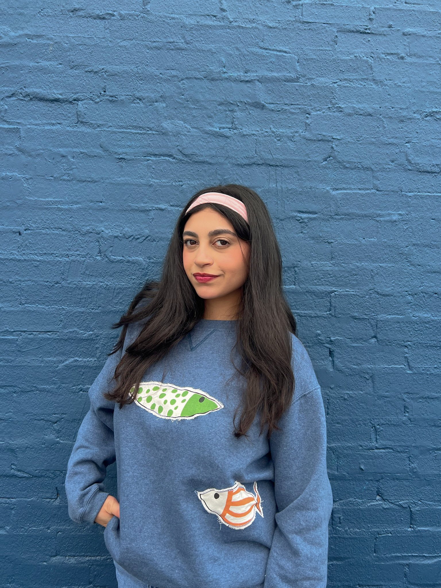 patchwork crewneck blue fish