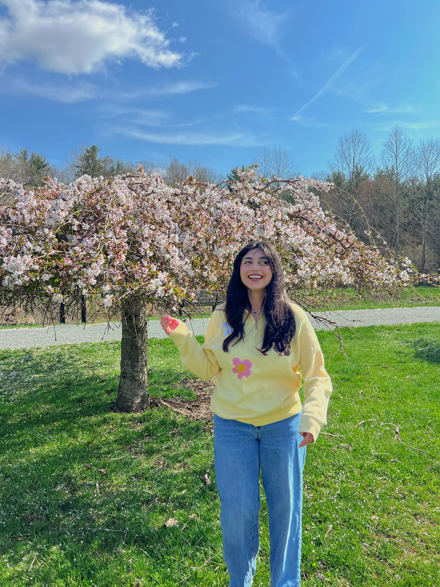patchwork crewneck yellow flowers