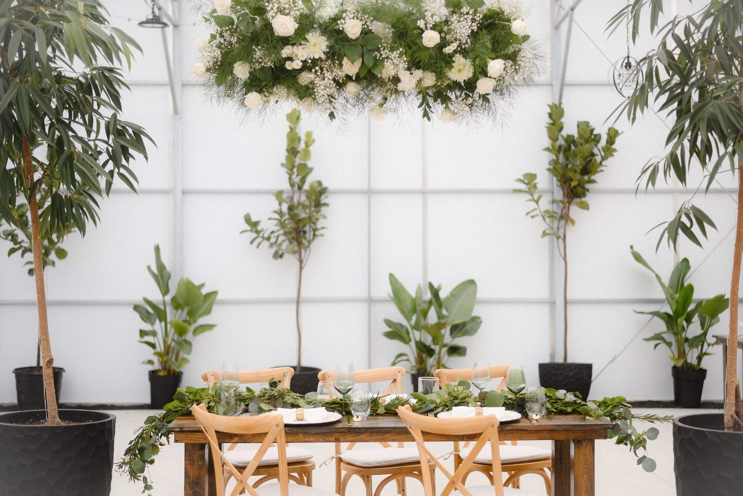 A dining table set for a meal inside a bright, greenhouse-style space with white walls, surrounded by potted plants and topped with a large floral arrangement and greenery.