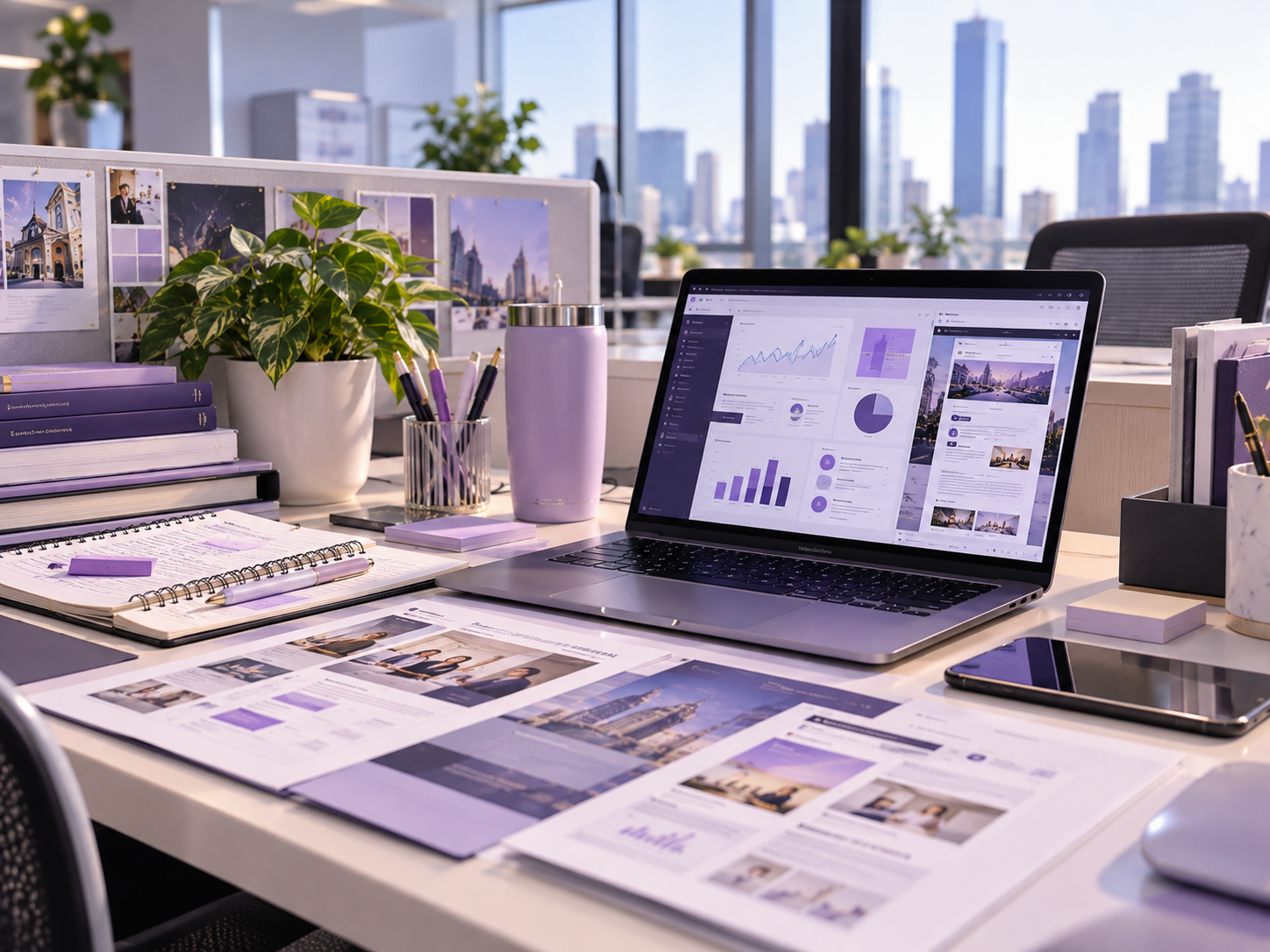 Modern corporate marketing workspace featuring a laptop displaying digital campaign analytics, printed marketing materials, notebooks, and lavender office accessories.