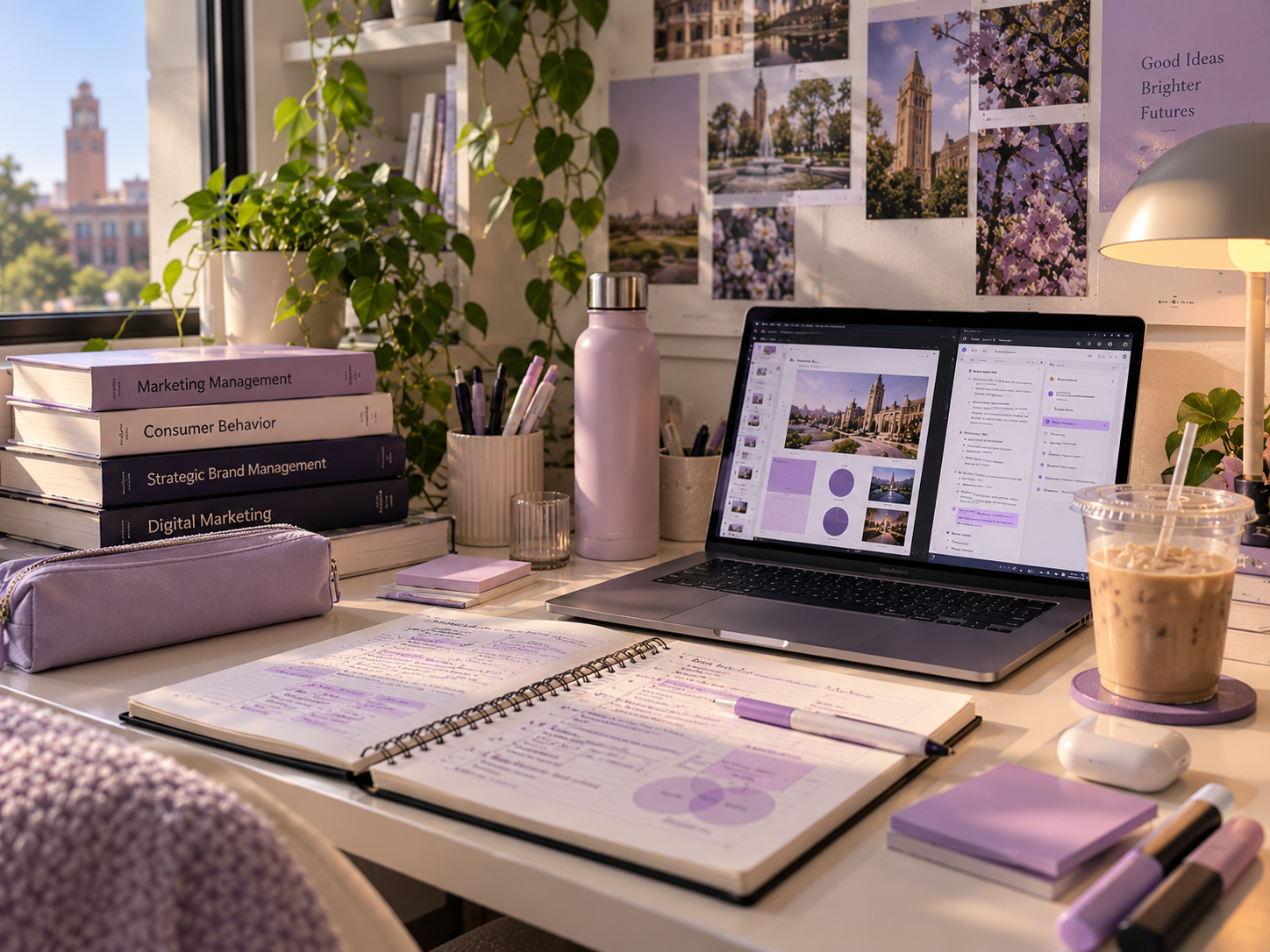 College study desk featuring marketing textbooks, a laptop displaying a research presentation, handwritten notes, and lavender stationery in a sunlit academic workspace.