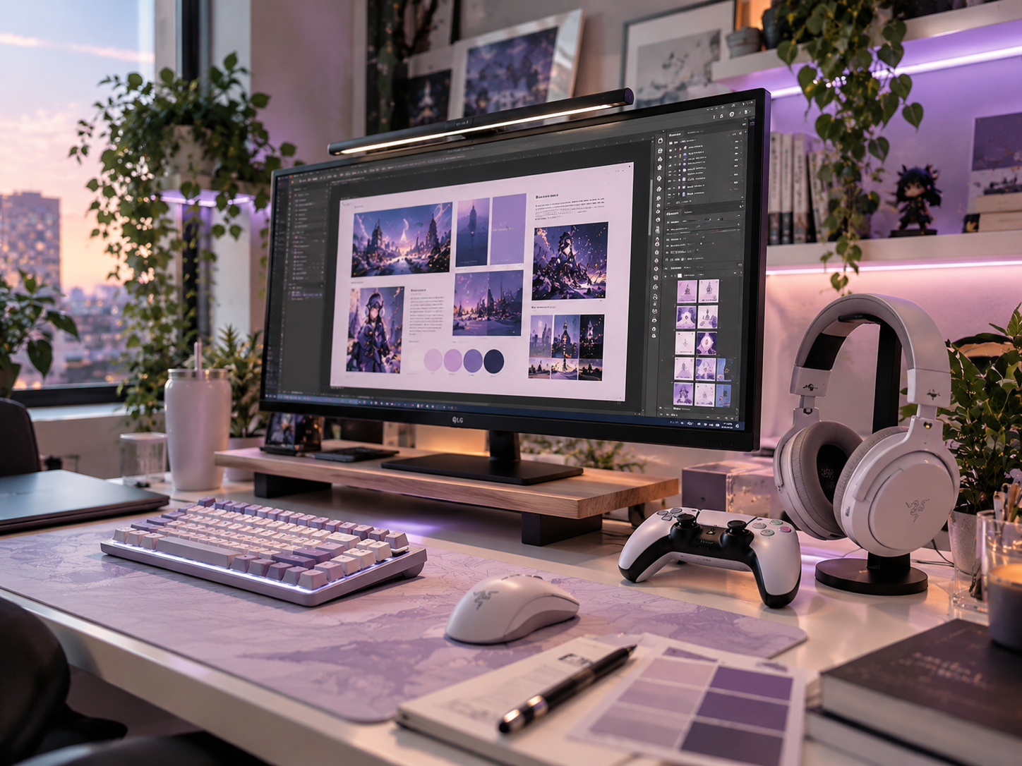 Creative gaming and digital design workspace featuring a widescreen monitor displaying a design editing program, gaming headphones, a controller, and lavender desk accessories.