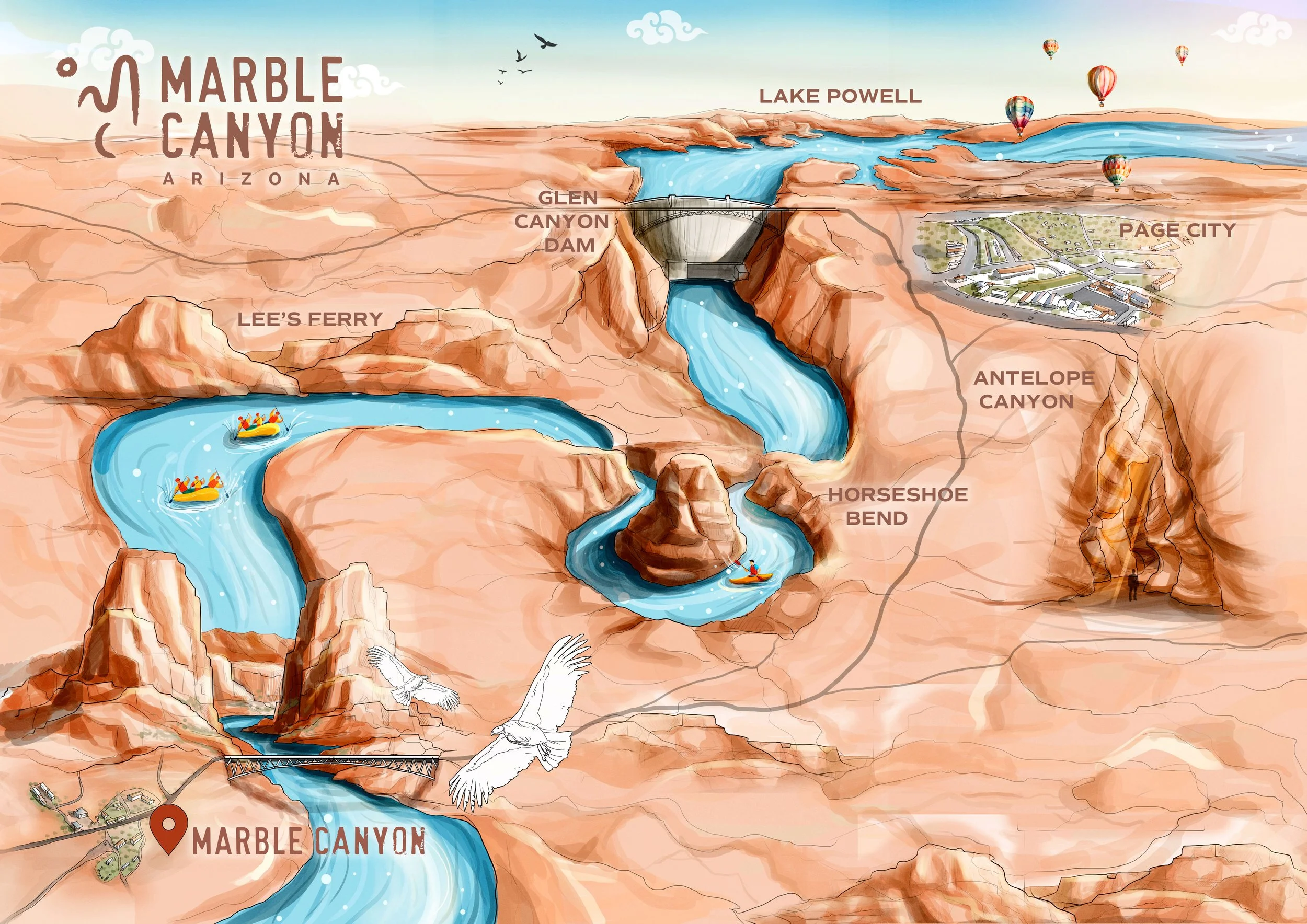 Map illustration of Marble Canyon, Arizona, showing Lake Powell, Glen Canyon Dam, Lee's Ferry, Antelope Canyon, Horseshoe Bend, and Page City with colorful drawings of rivers, canyons, and hot air balloons.