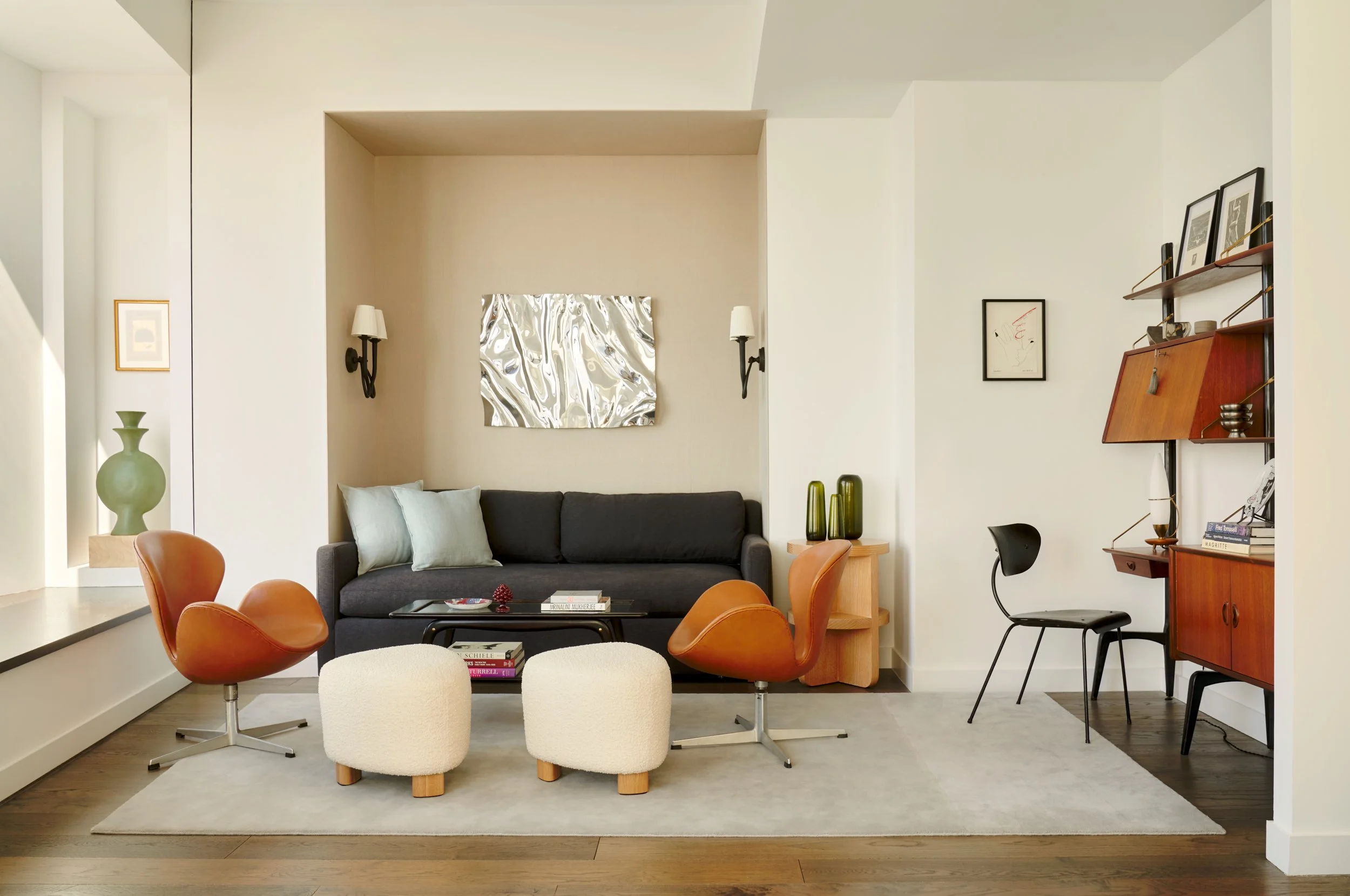 A vintage Italian midcentury writing desk and shelving unit purchased in Italy. Interior Design by Gennett Studio.