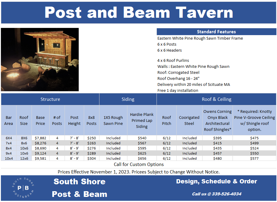 price list for post and beam tavern and backyardbar