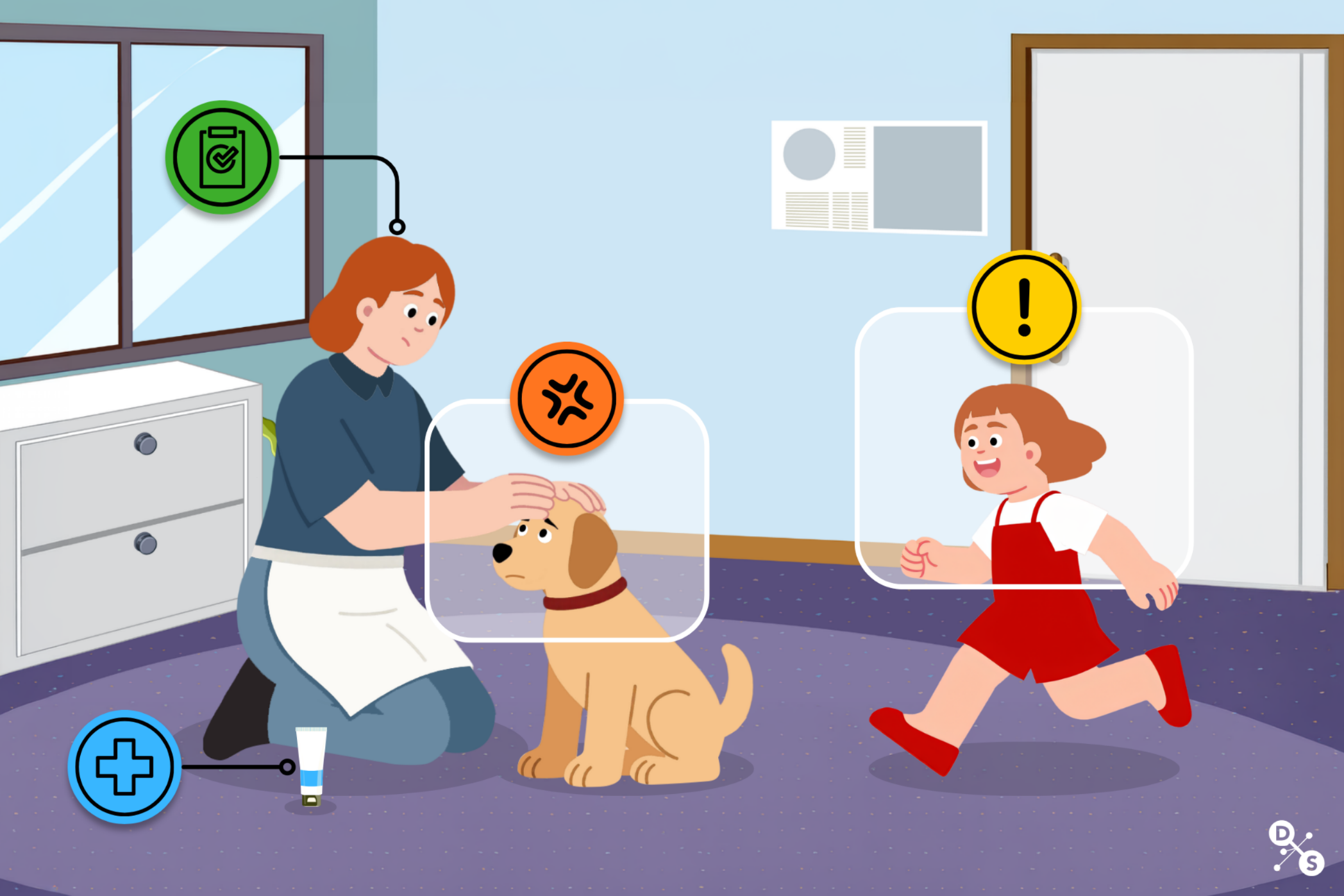 Person applying topical medication on dog while child is running nearby.