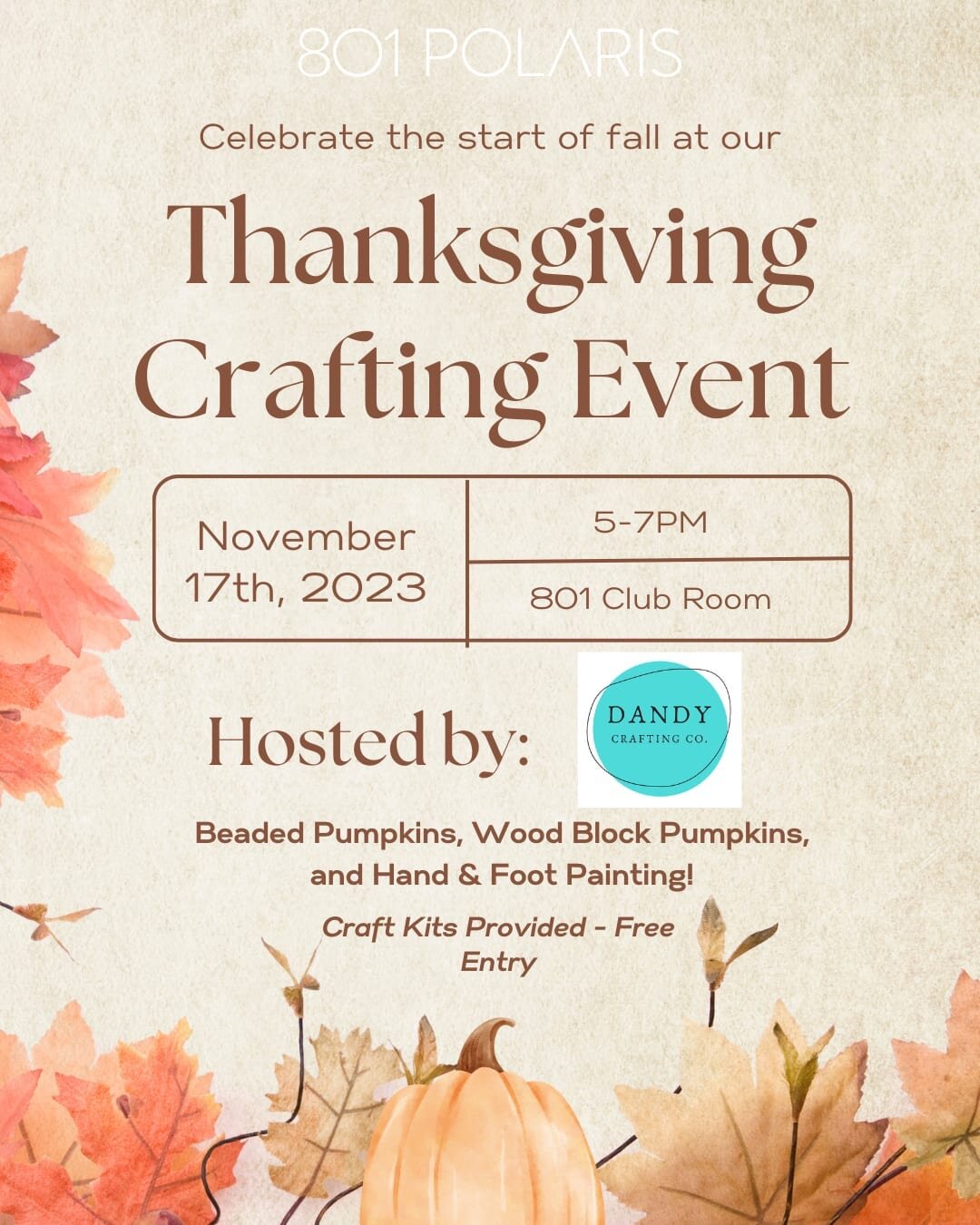 It's time to get into the Thanksgiving spirit, and what better way to do it than with some creative crafting? 🎨 

Join us for our Thanksgiving Crafting Event on November 17th from 5-7 PM in our club room. 🦃🧡

Don't miss out on the fun! To make sur