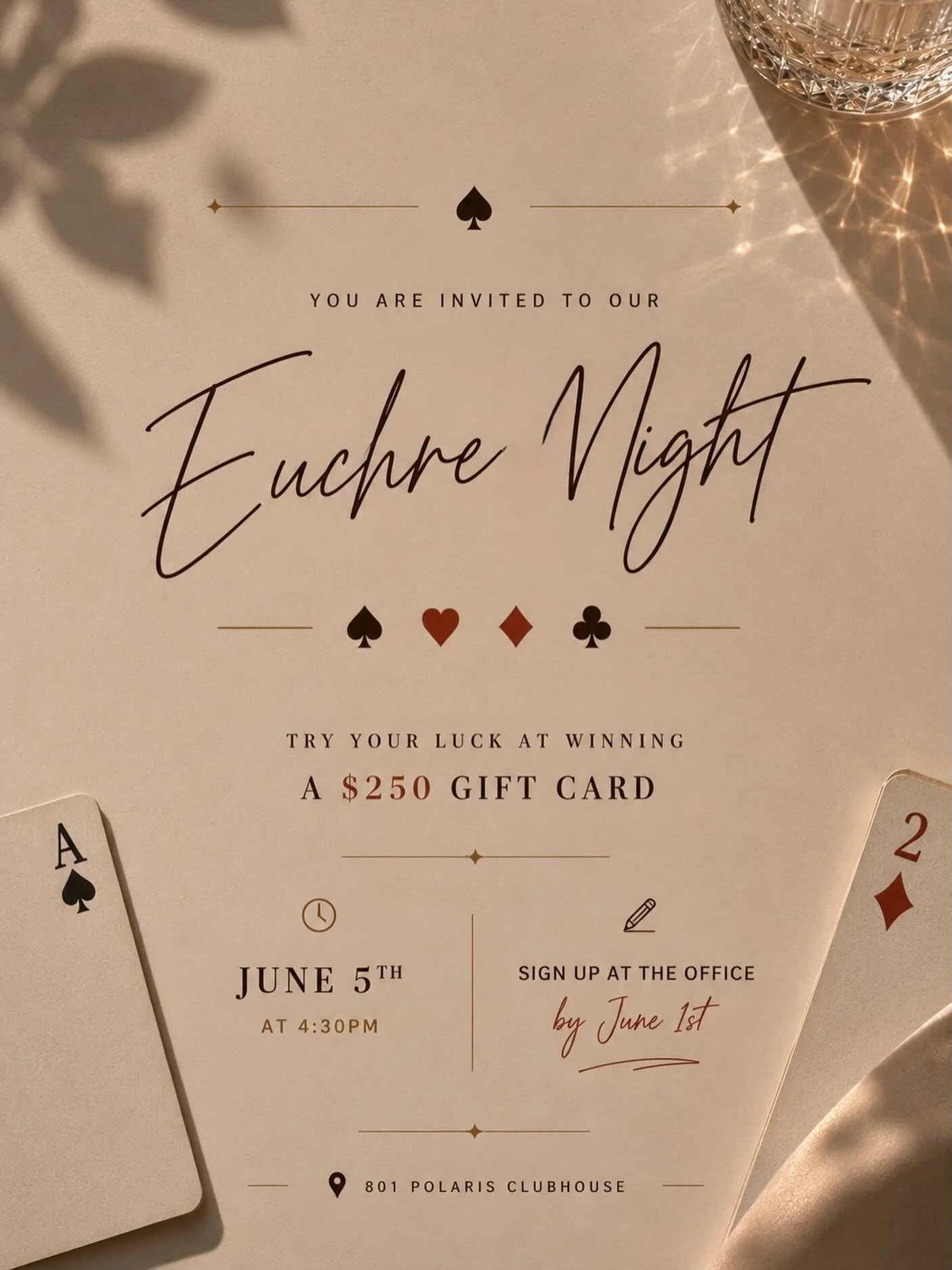 Last couple days to sign up for our Euchre tournament ✍️

Try your luck with us next Friday for a chance to win a $250 gift card! &clubs;️