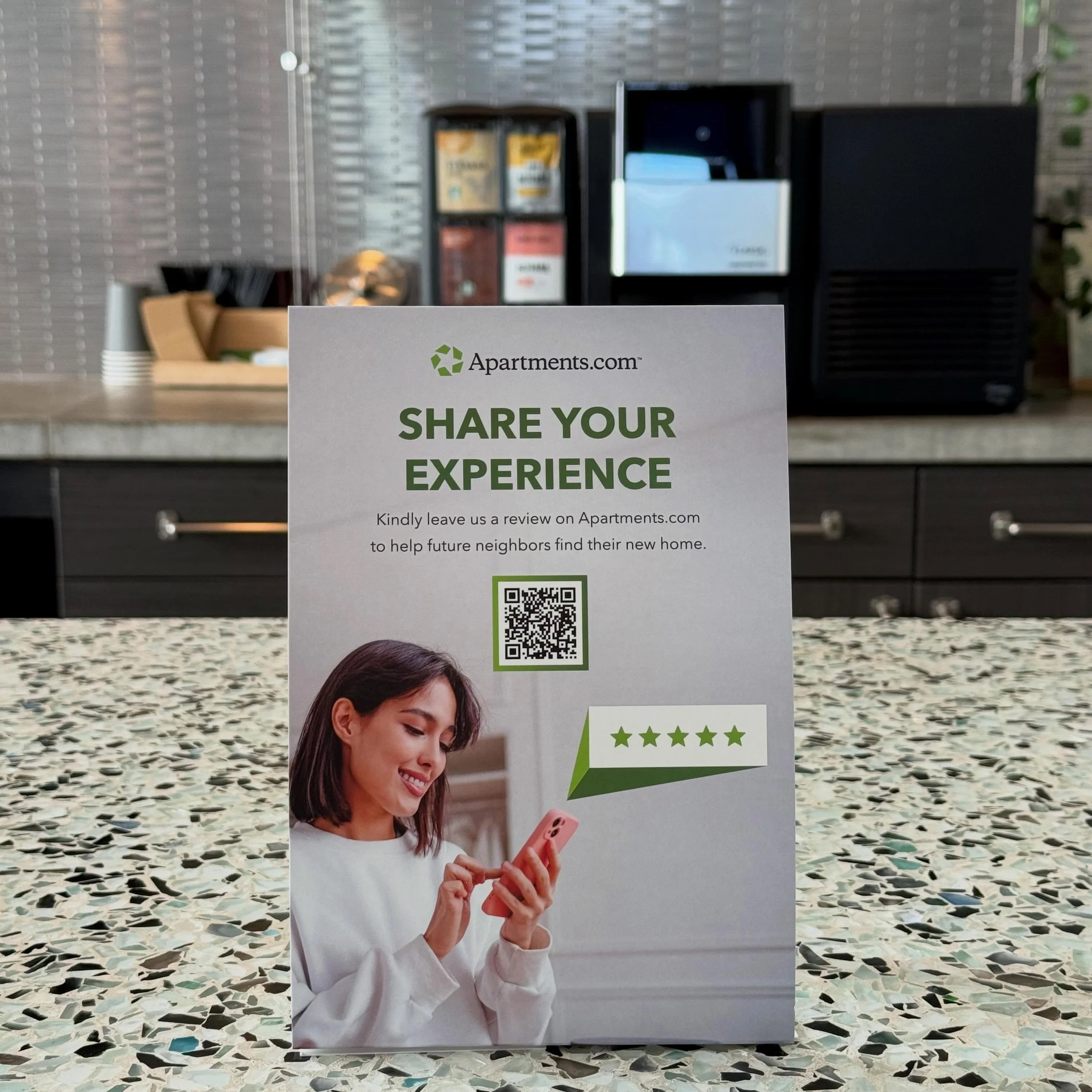 Stopping for coffee in the clubhouse or just passing through after an outstanding tour? 

Leave a review for us on @apartmentscom 🤍