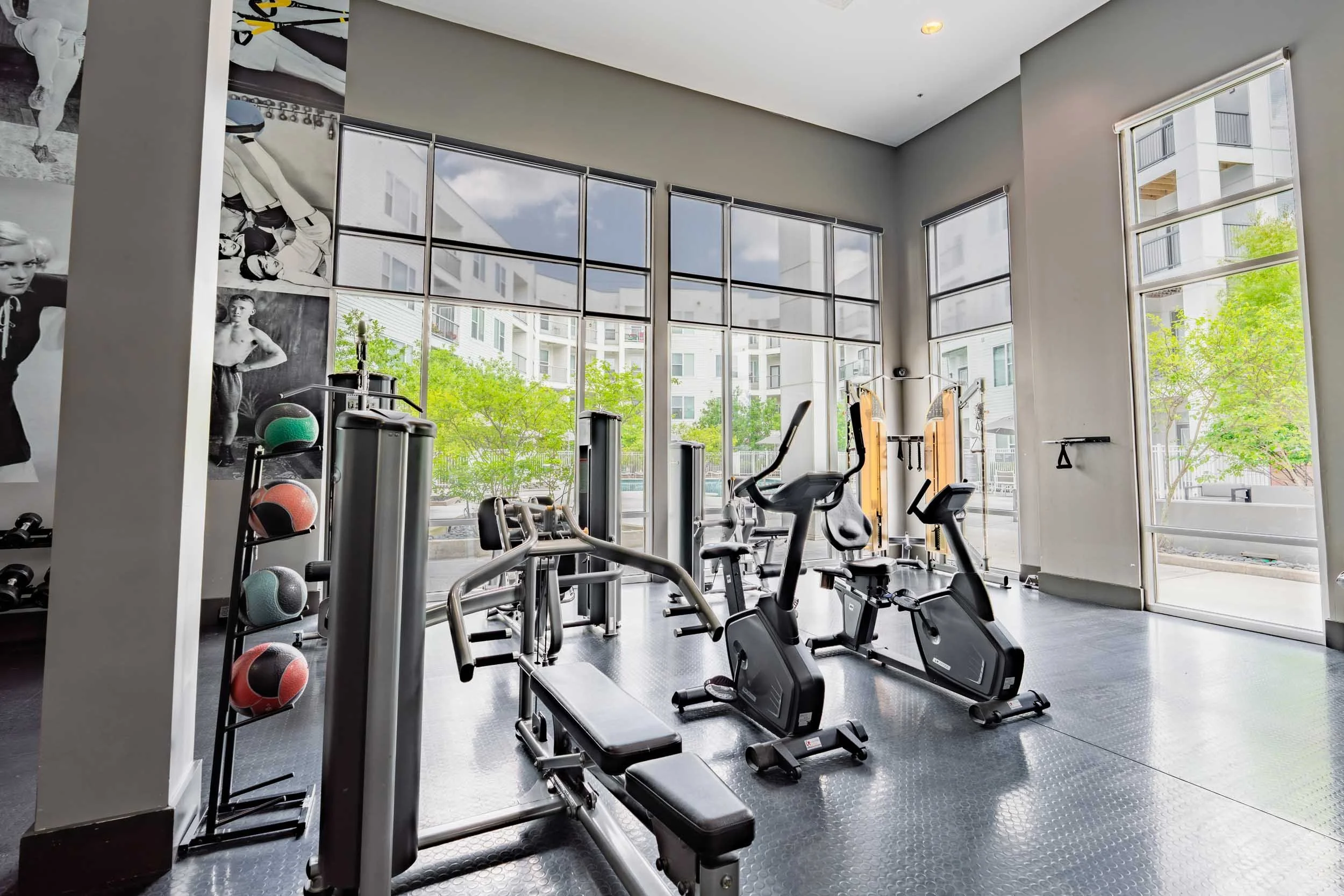 Modern gym with large windows, exercise equipment including ellipticals, stationary bikes, and weight machines, and a wall decorated with black-and-white photos of athletes, with trees visible outside.