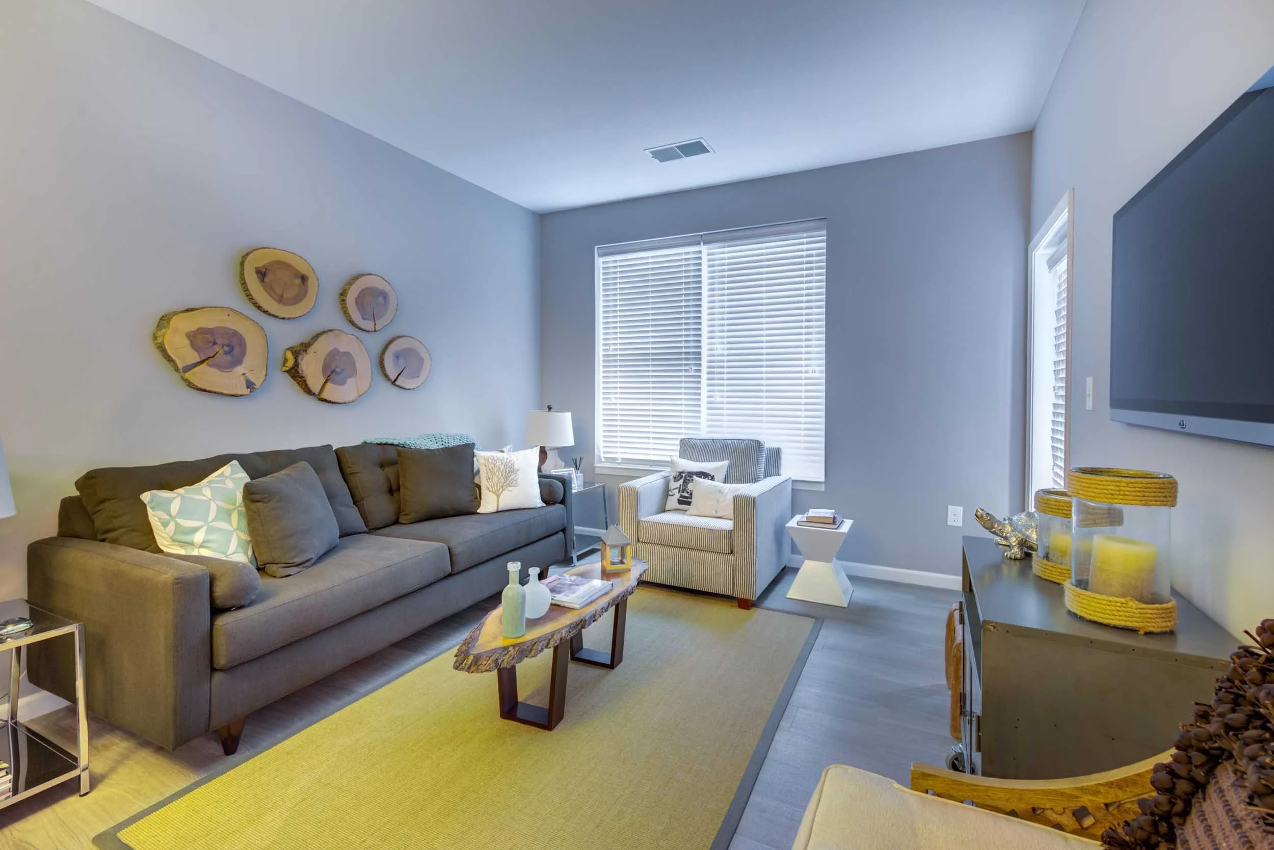 A living room with a gray sofa, patterned pillows, a wooden coffee table, and a yellow rug. Light-colored walls with wall art, a window with blinds, and a TV on the wall. There are also side tables, lamps, and decorative items.