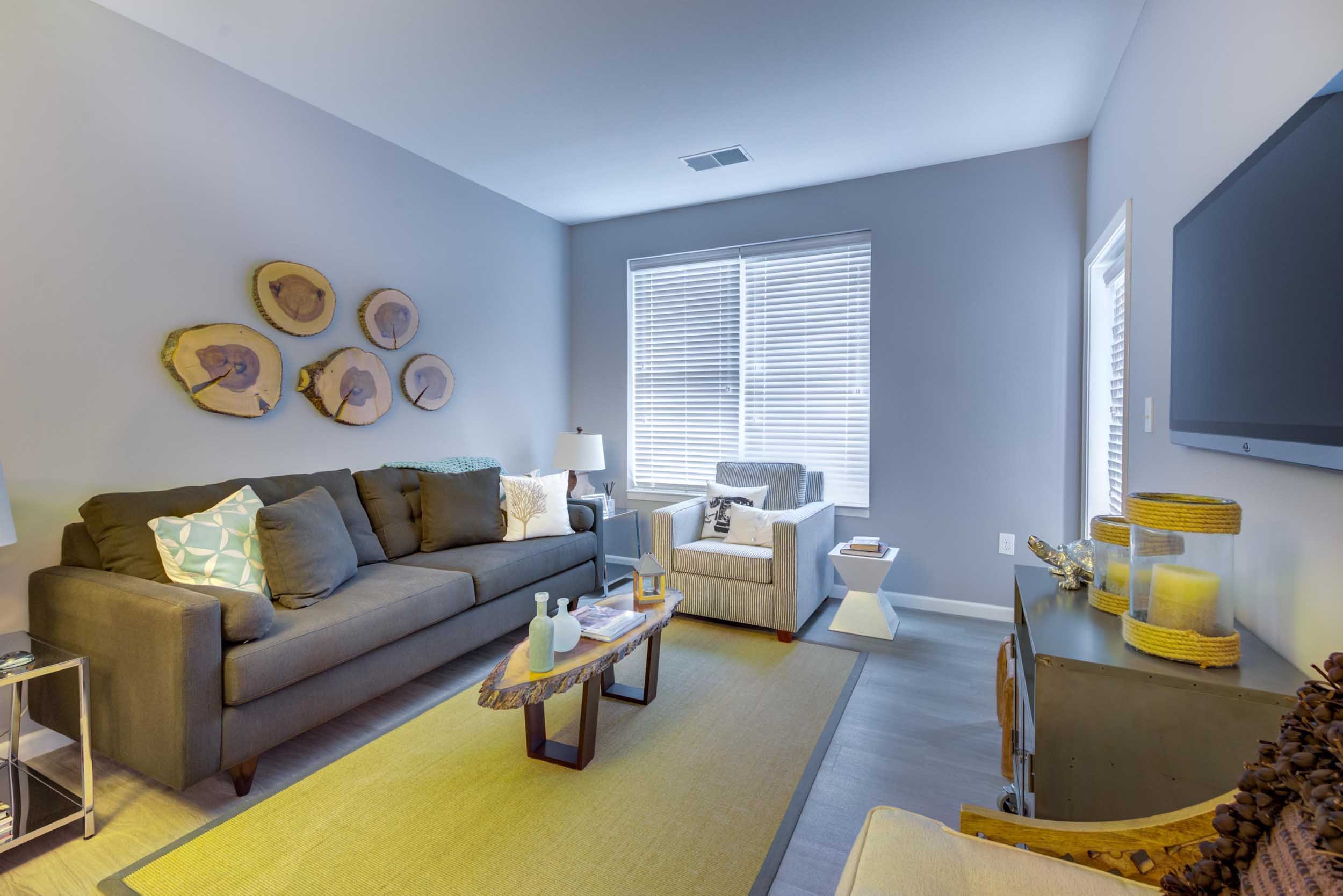 A living room with a grey couch, a striped armchair, and a side table with decorative items. A wall art of wood slices is above the couch. Large windows with blinds let in natural light. A flat-screen TV is mounted on the wall, and a console table holds yellow-patterned baskets. The room features a yellow rug and neutral-colored walls.