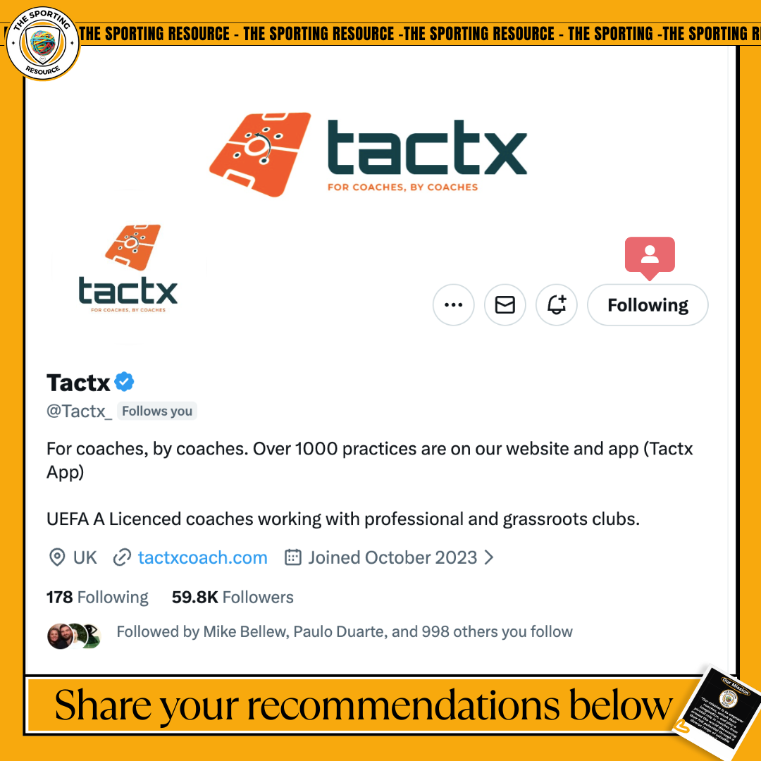 Twitter profile page for Tactx, a coaching platform for sports coaches. The profile features a logo with an orange soccer tactics diagram, the handle @Tactx_, and a description mentioning over 1000 practices and UEFA A licensing. The profile has many followers and is based in the UK.