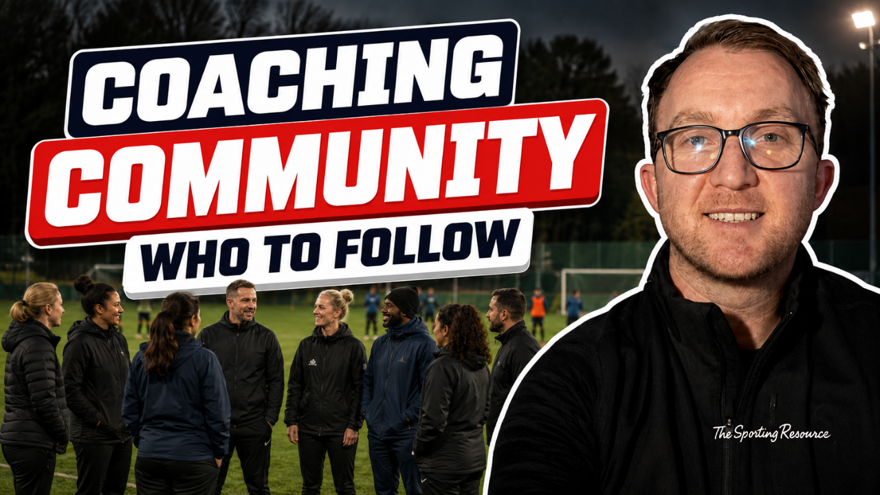 A group of people talking on a sports field at night, with a man in glasses and a black jacket smiling in the foreground. The text says "Coaching Community Who to Follow".