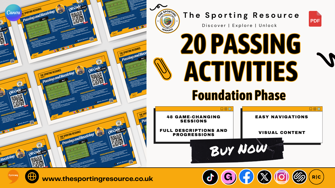Advertisement for the Sporting Resource offers 20 passing activities for foundation phase with 48 game-changing sessions, full descriptions, and visual content. Features include easy navigation and buy now prompt, website URL, social media icons, and a PDF icon.