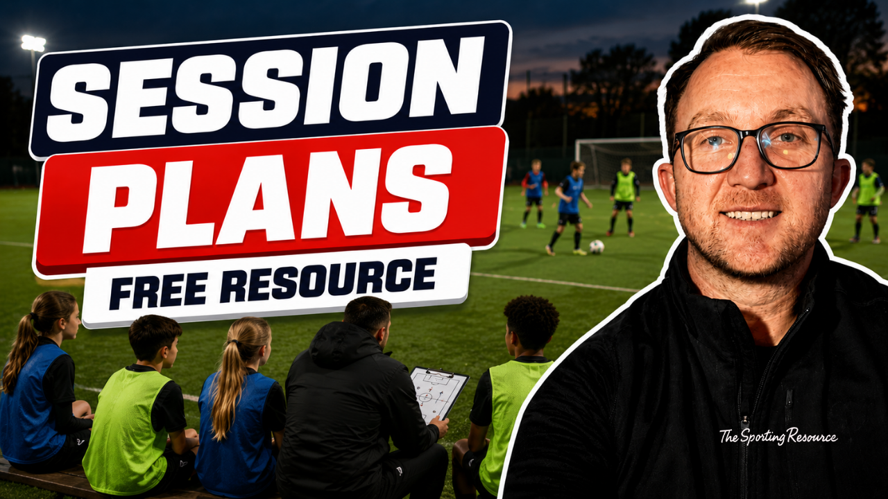 A promotional image for a free resource on session plans showing a soccer field with children practicing soccer, a coach talking to kids, and a man in glasses and black jacket in the foreground.