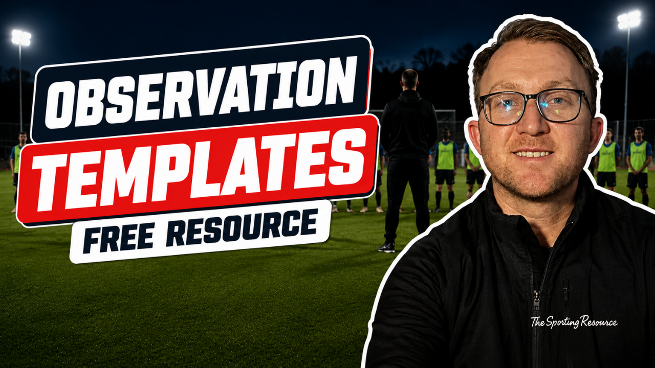 A man with glasses and a black jacket in front of a soccer field, with a group of soccer players and a coach in the background during dusk. Text overlay reads 'Observation Templates Free Resource'.